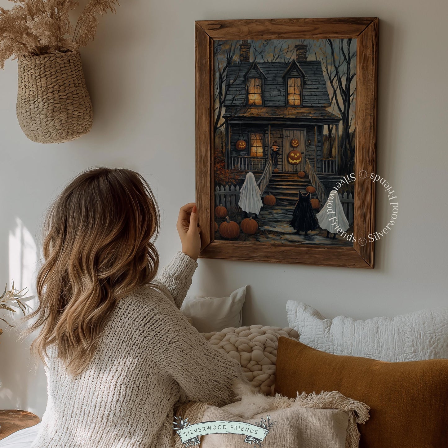 Haunted house printable art for Halloween — spooky trick-or-treaters approaching dark Victorian manor with jack-o'-lanterns