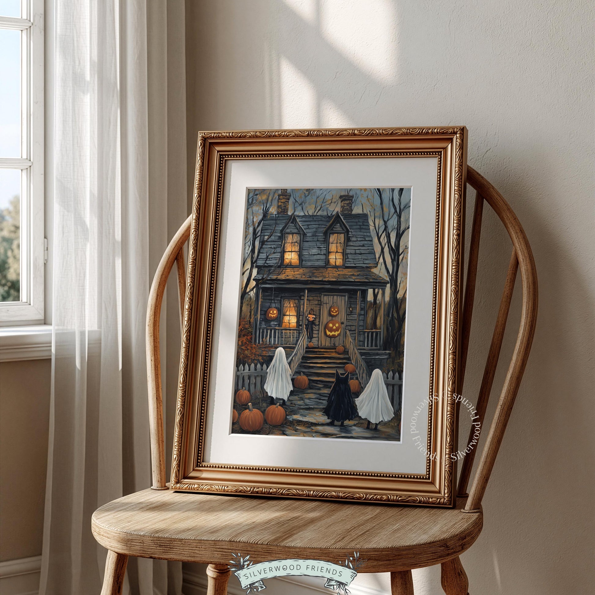 Dark moody Halloween wall print — eerie manor with ghost-costumed visitors, jack-o'-lantern illumination, and rustic cottage charm