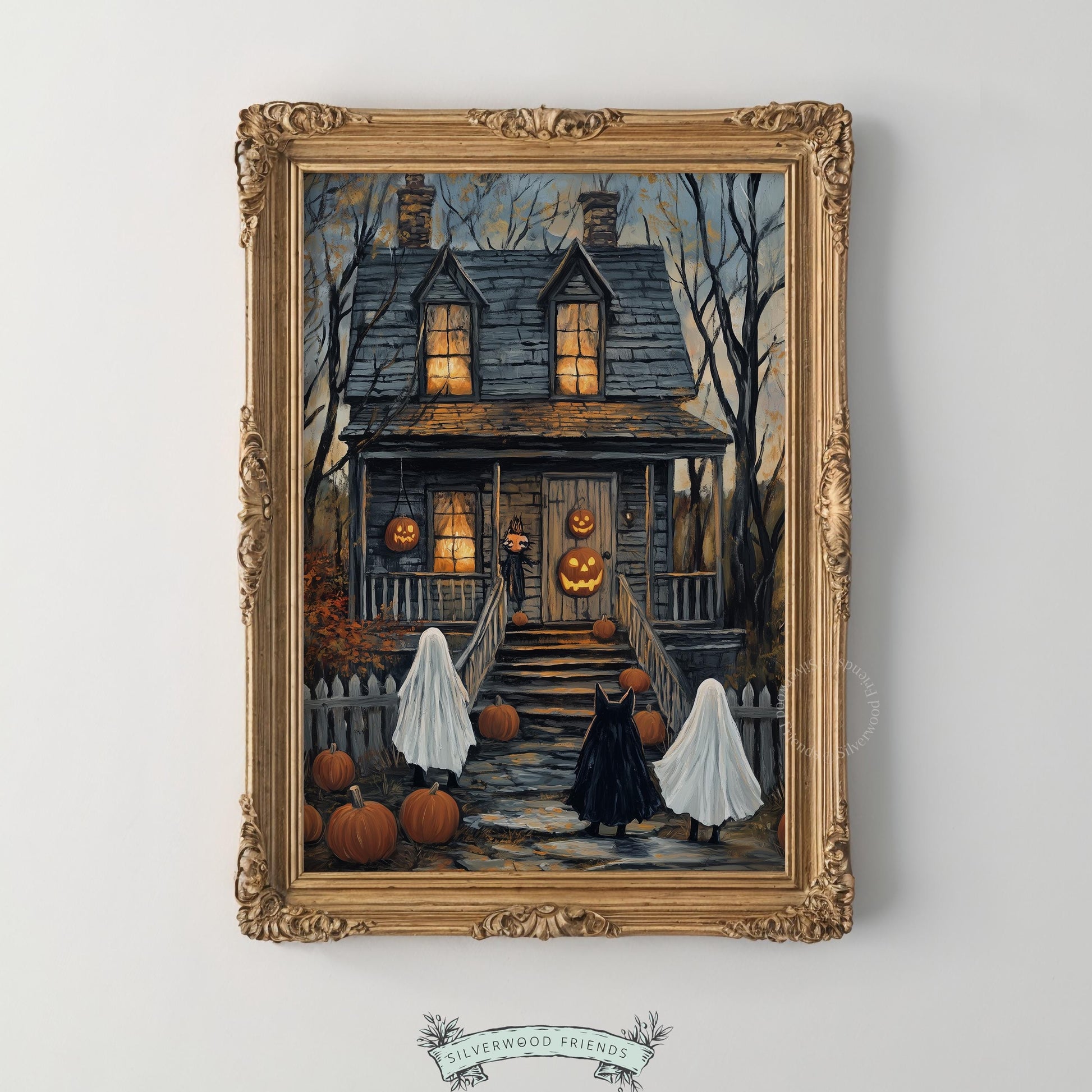 Gothic cottagecore picture printable art — haunted estate with trick-or-treaters and flickering jack-o'-lanterns, dusky blue palette
