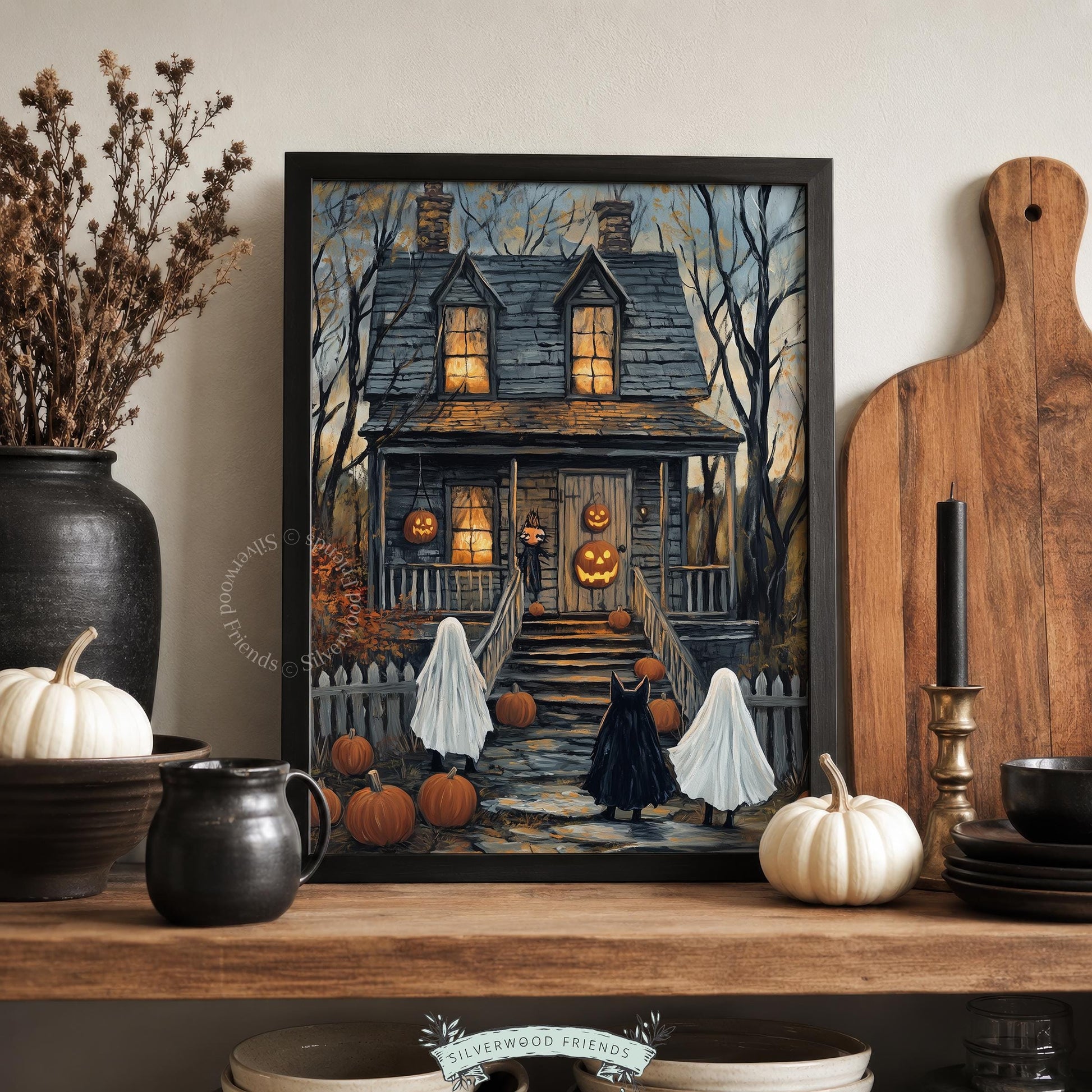 Frightful manor painting poster for living room — spooky trick-or-treaters approaching weathered house with orange pumpkin lighting