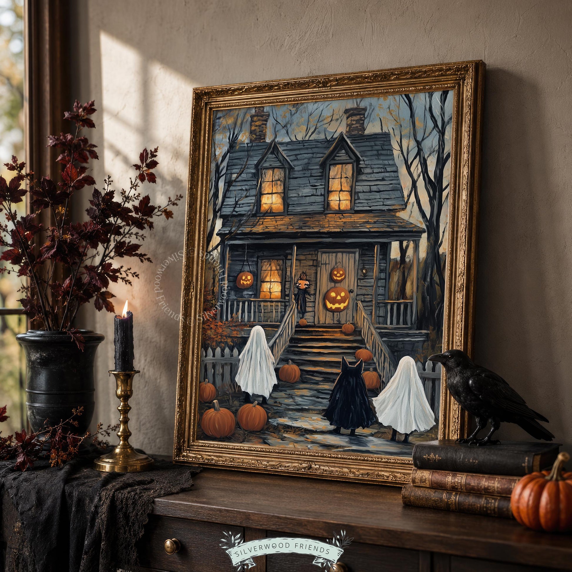 Vintage spooky house digital print for seasonal wall display — costumed children and jack-o'-lanterns with moody atmospheric texture