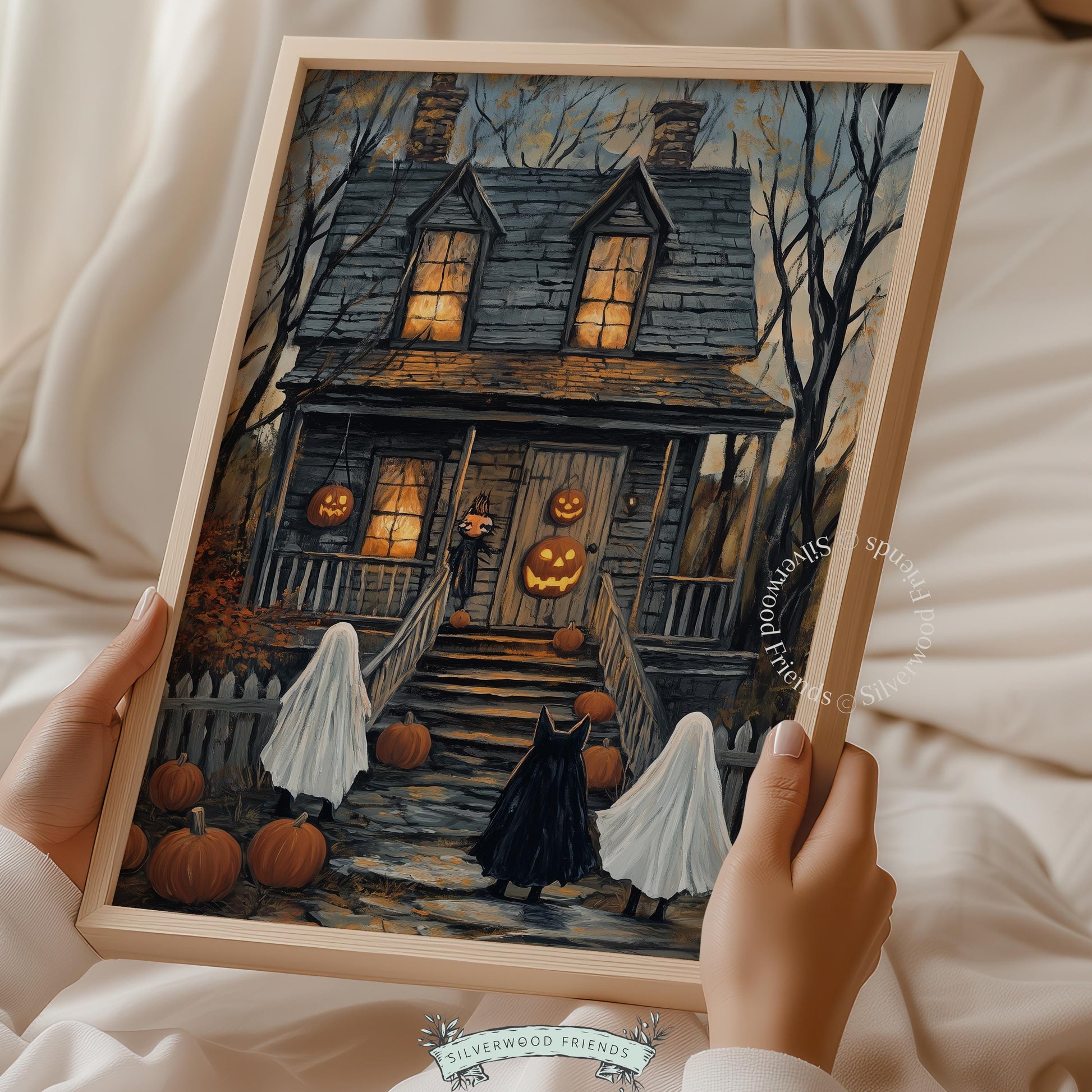 Ghost and black cat wall art for entryway — moody autumn cottage aesthetic with weathered house and glowing pumpkins
