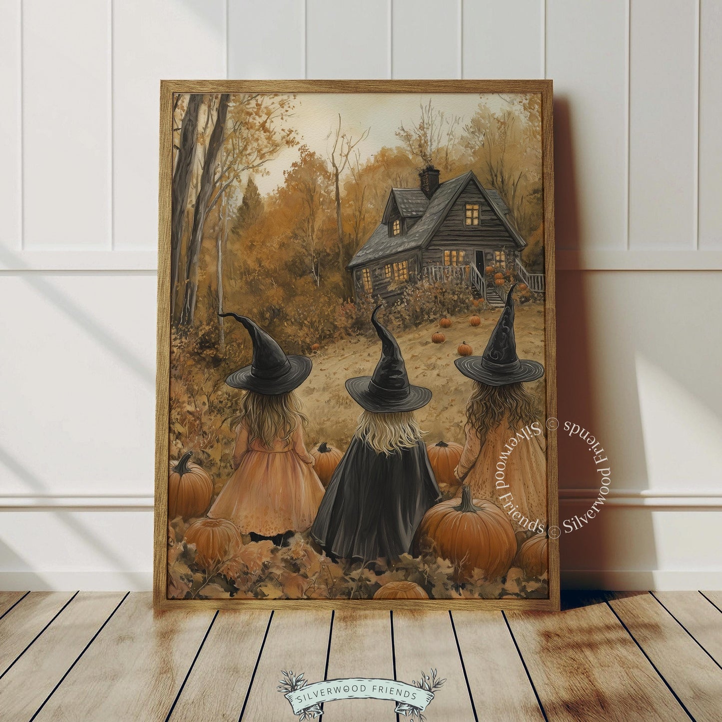 Autumn witch poster for den — vintage-style forest landscape with three hooded travelers, glowing cottage, and cozy fall mood with crows