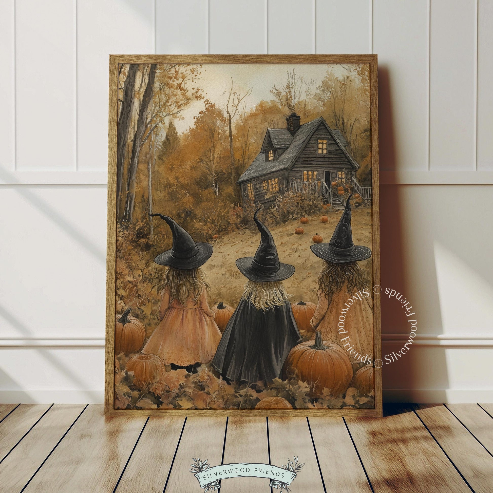 Autumn witch poster for den — vintage-style forest landscape with three hooded travelers, glowing cottage, and cozy fall mood with crows