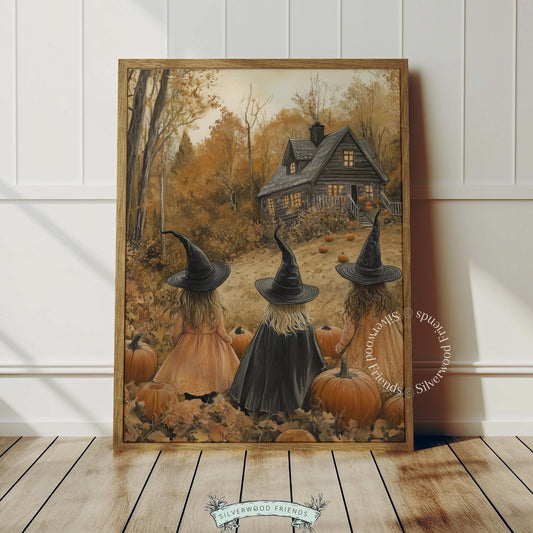 Autumn witch poster for den — vintage-style forest landscape with three hooded travelers, glowing cottage, and cozy fall mood with crows