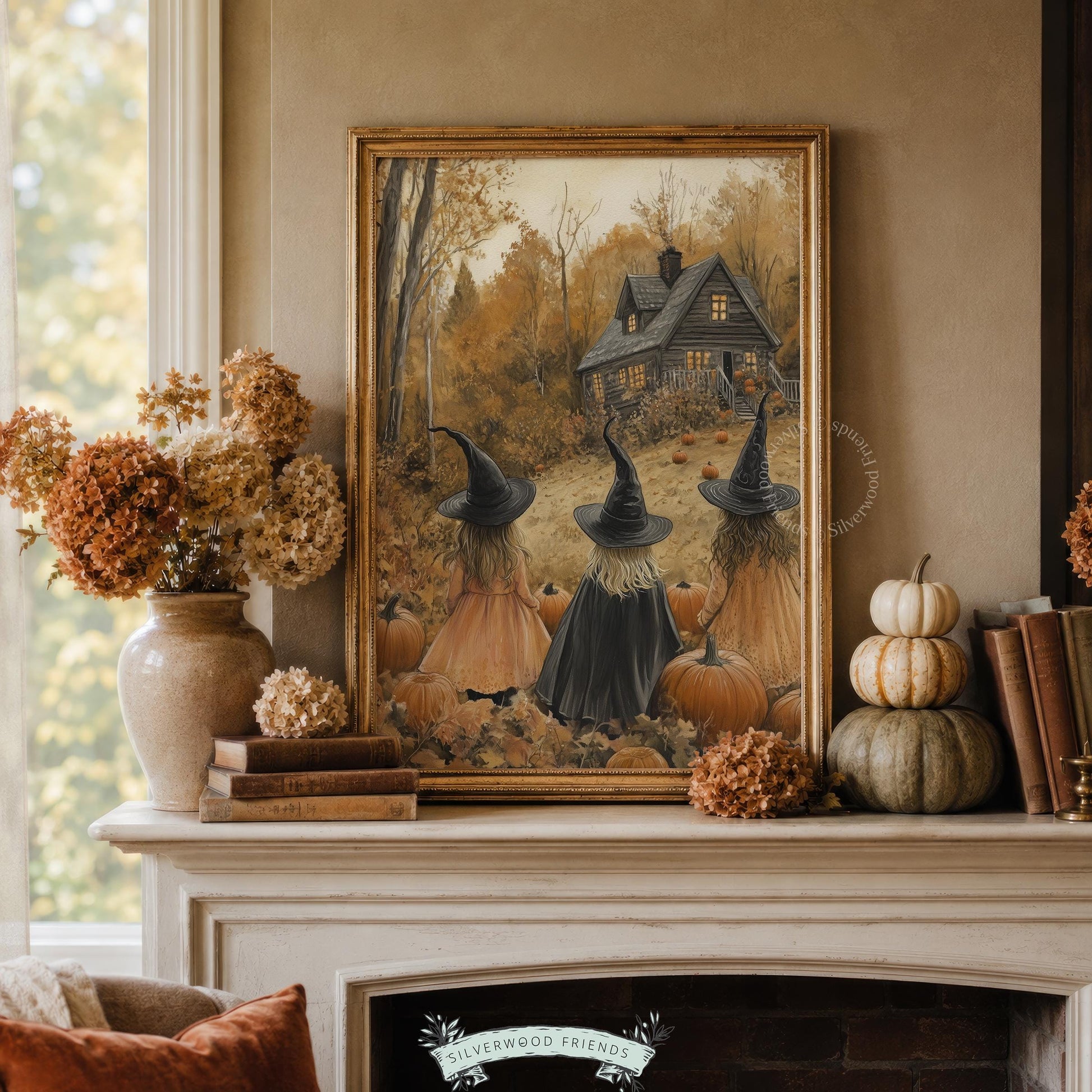 Autumn cottage painting print for living room — moody witch-themed wall decor with amber glow, scattered foliage, and atmospheric birds