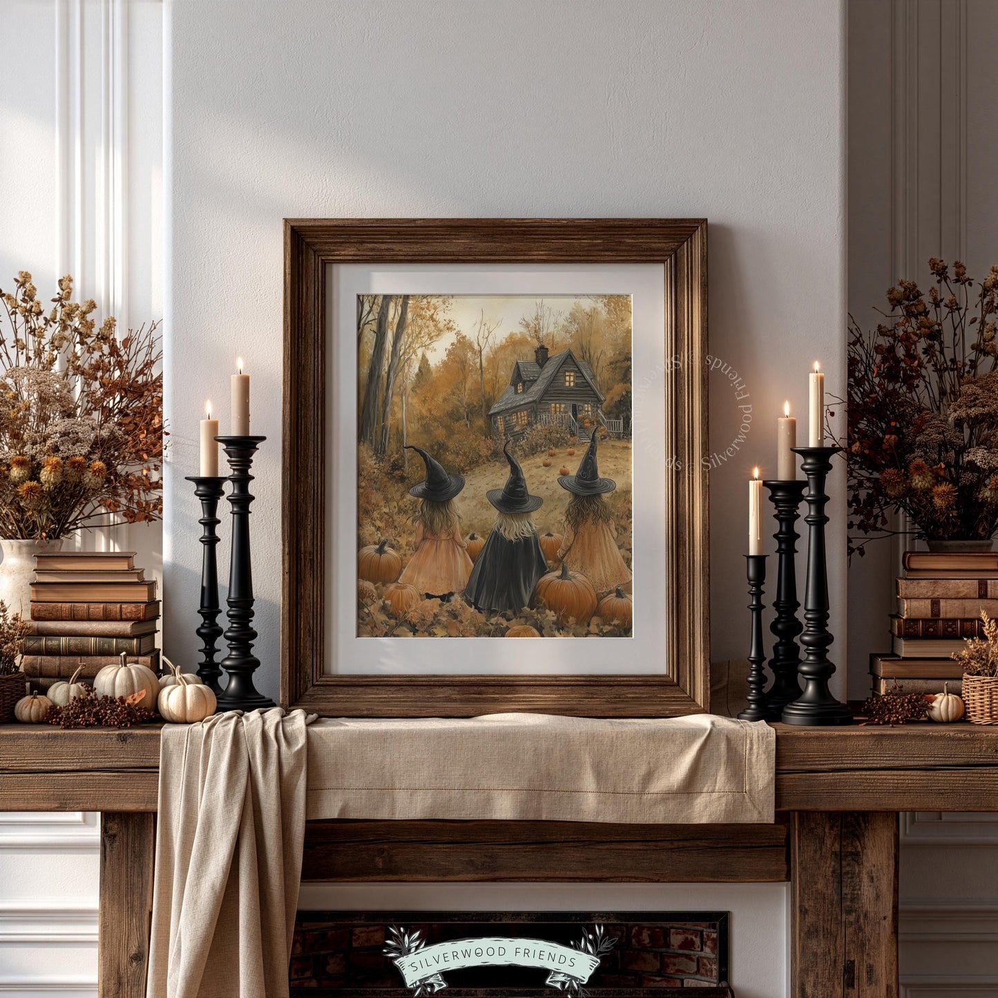 Young sorceresses poster for living room — cozy fall scene with glowing cabin, pumpkins, and moody amber tones