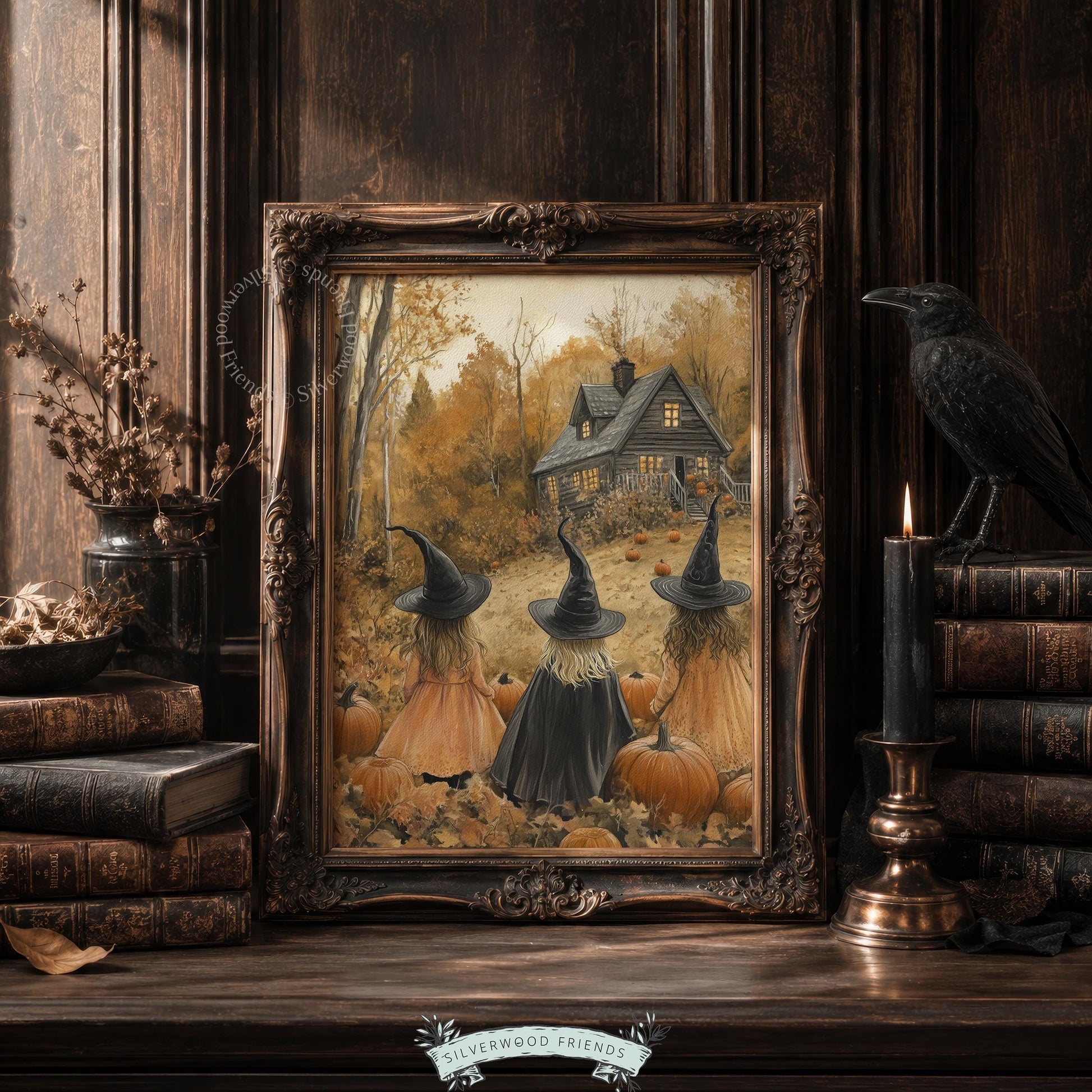 Spooky season wall art for bedroom — moody countryside scene with witches approaching candlelit cabin, scattered pumpkins, and earthy warm tones