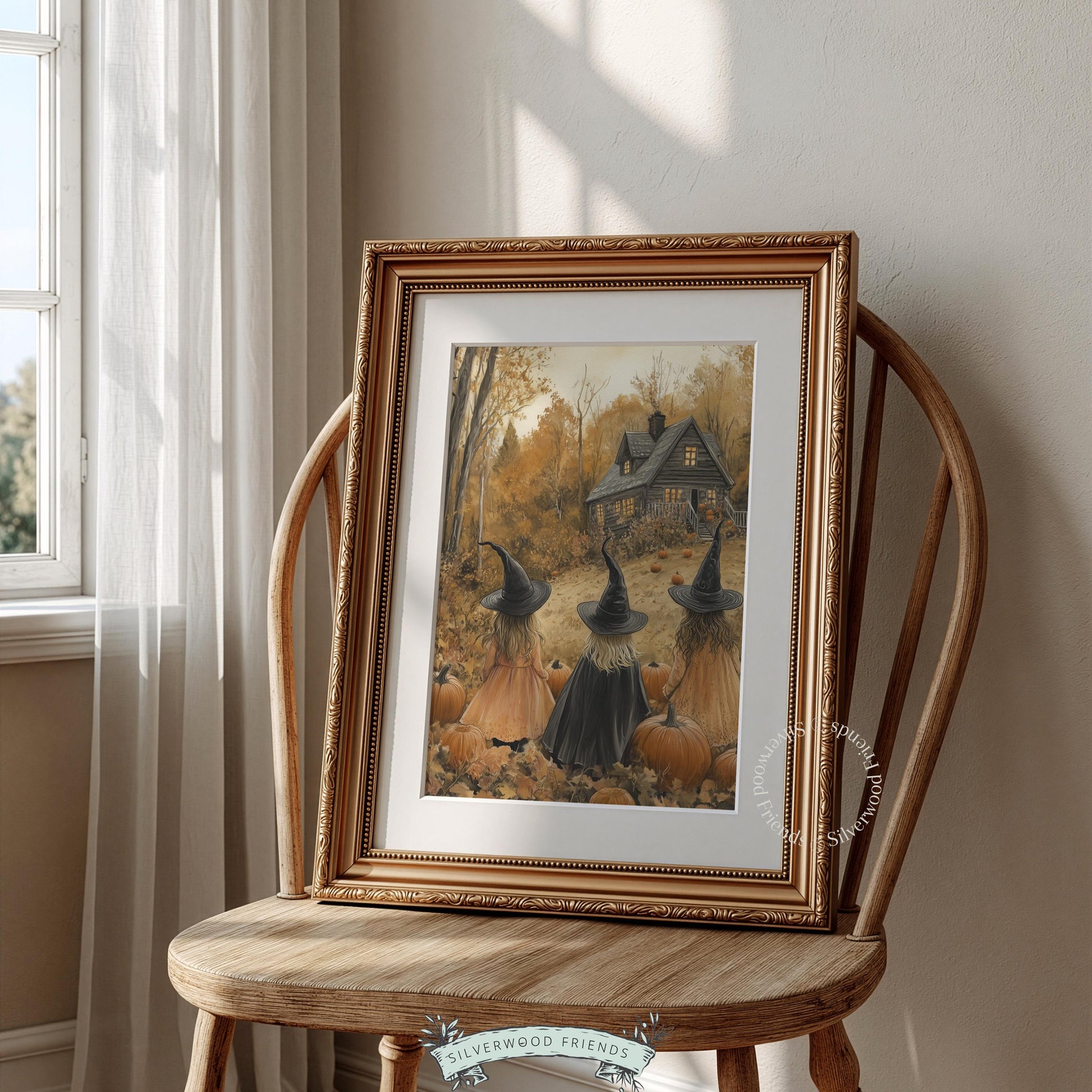 Dark forest picture printable art for hallway — vintage seasonal design featuring cloaked figures, pumpkin patches, and moody atmospheric lighting