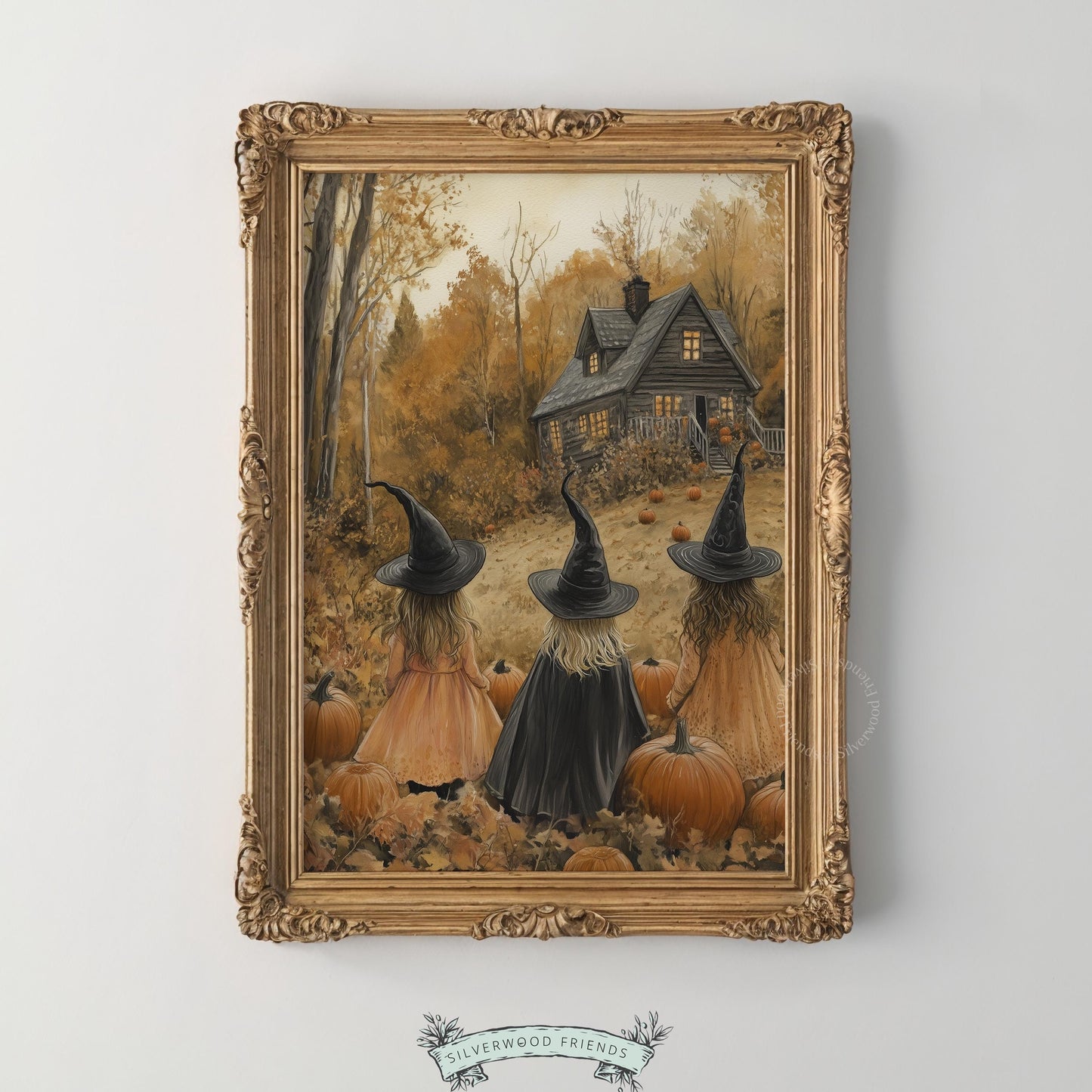 Gothic Halloween digital print for living room — enchanted woodland scene with mysterious coven, warm amber glow, and aged painterly style
