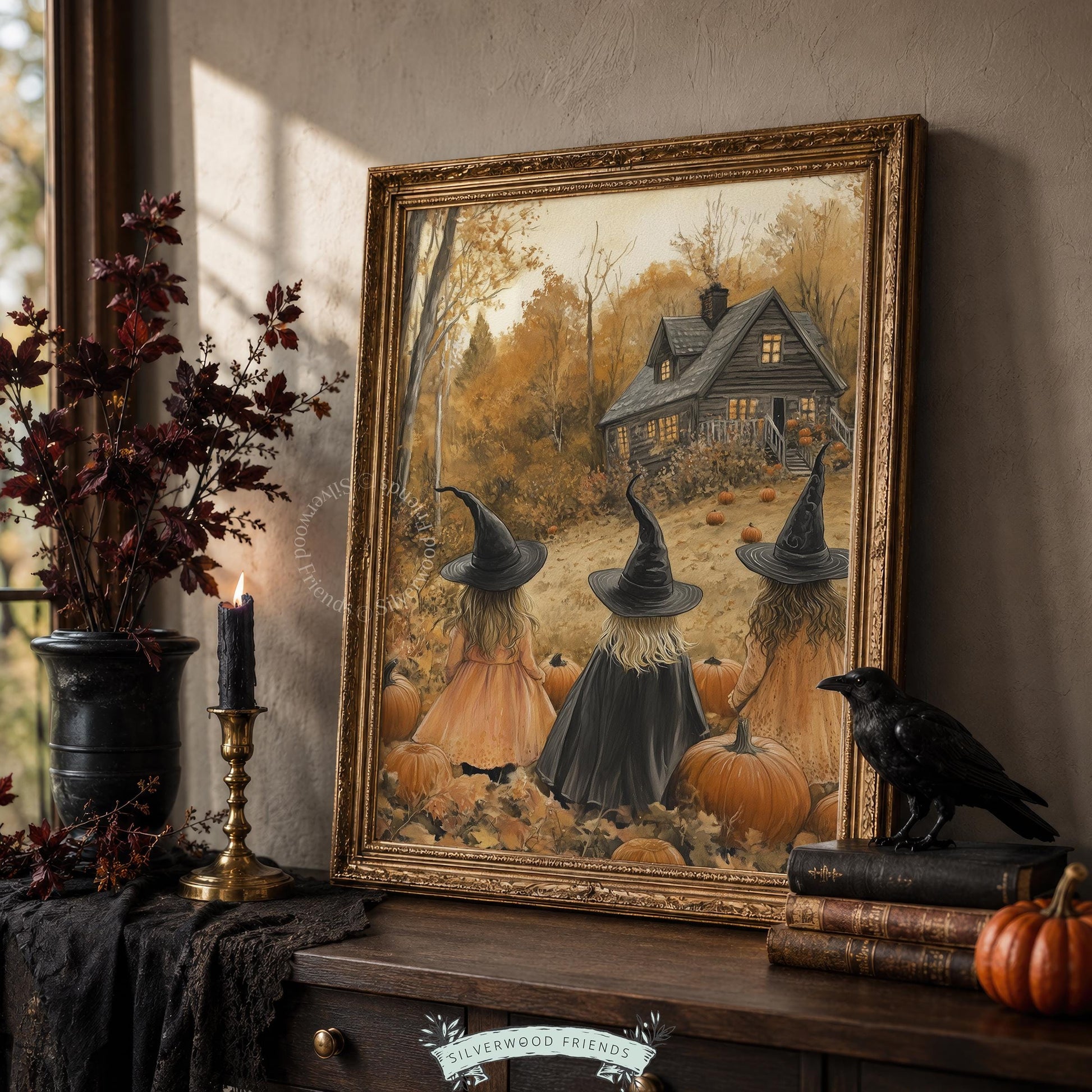 Fall decorations poster print for entryway — vintage witch-themed scene with pointed hats, mysterious figures, glowing dwelling, and cozy rustic ambiance