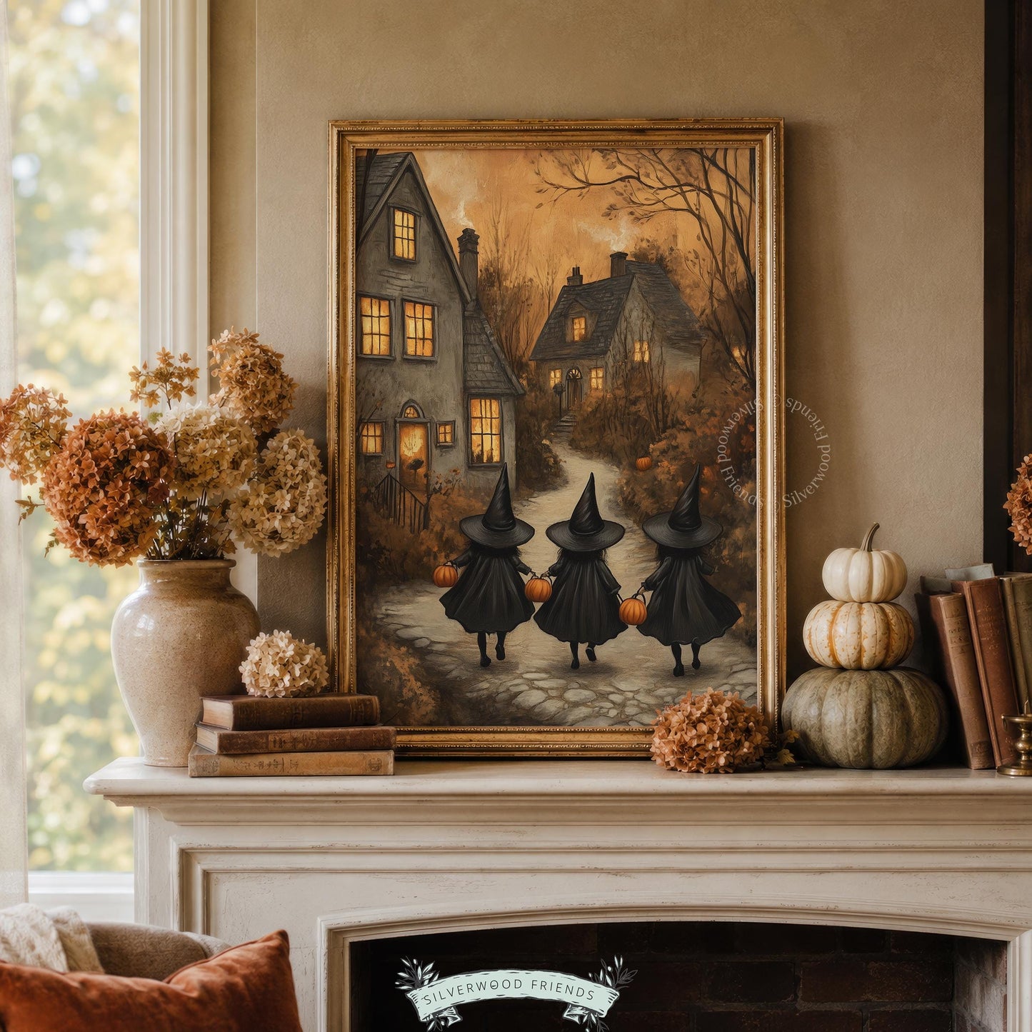 Vintage trick-or-treat pathway poster for moody wall art collection — textured antique finish with cozy eerie mood