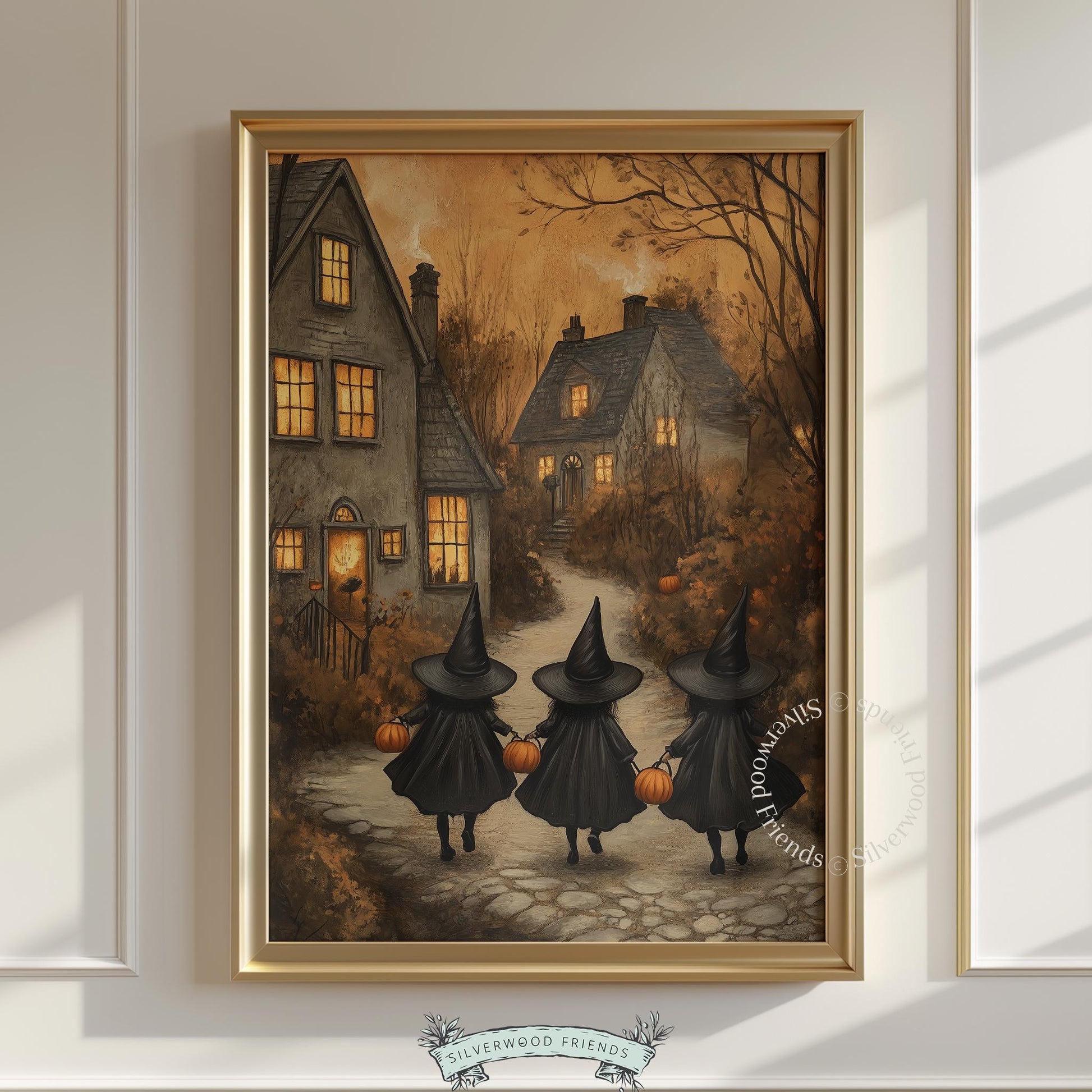 Witches' midnight stroll poster for dark academia decor — textured antique finish with moody twilight atmosphere