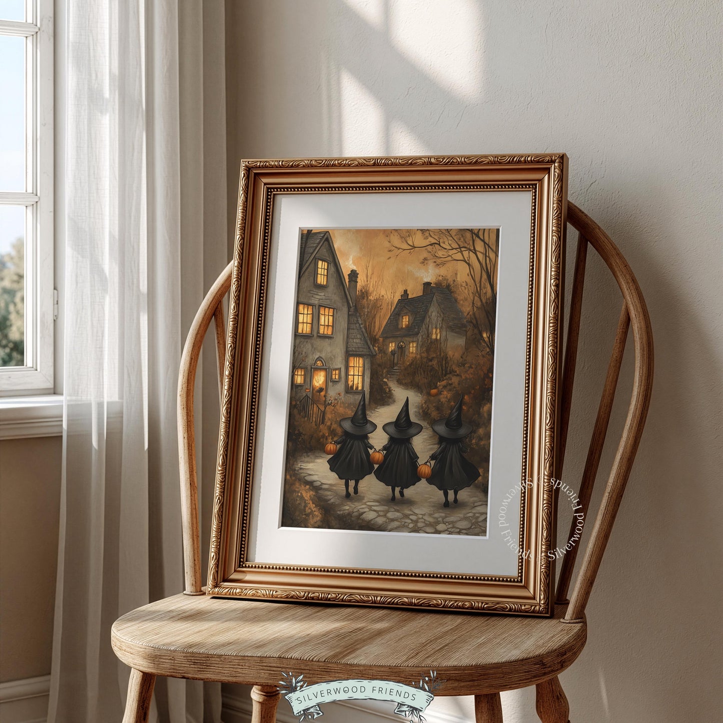 Young trick-or-treaters with pumpkins poster for entryway — moody twilight village with textured aged finish