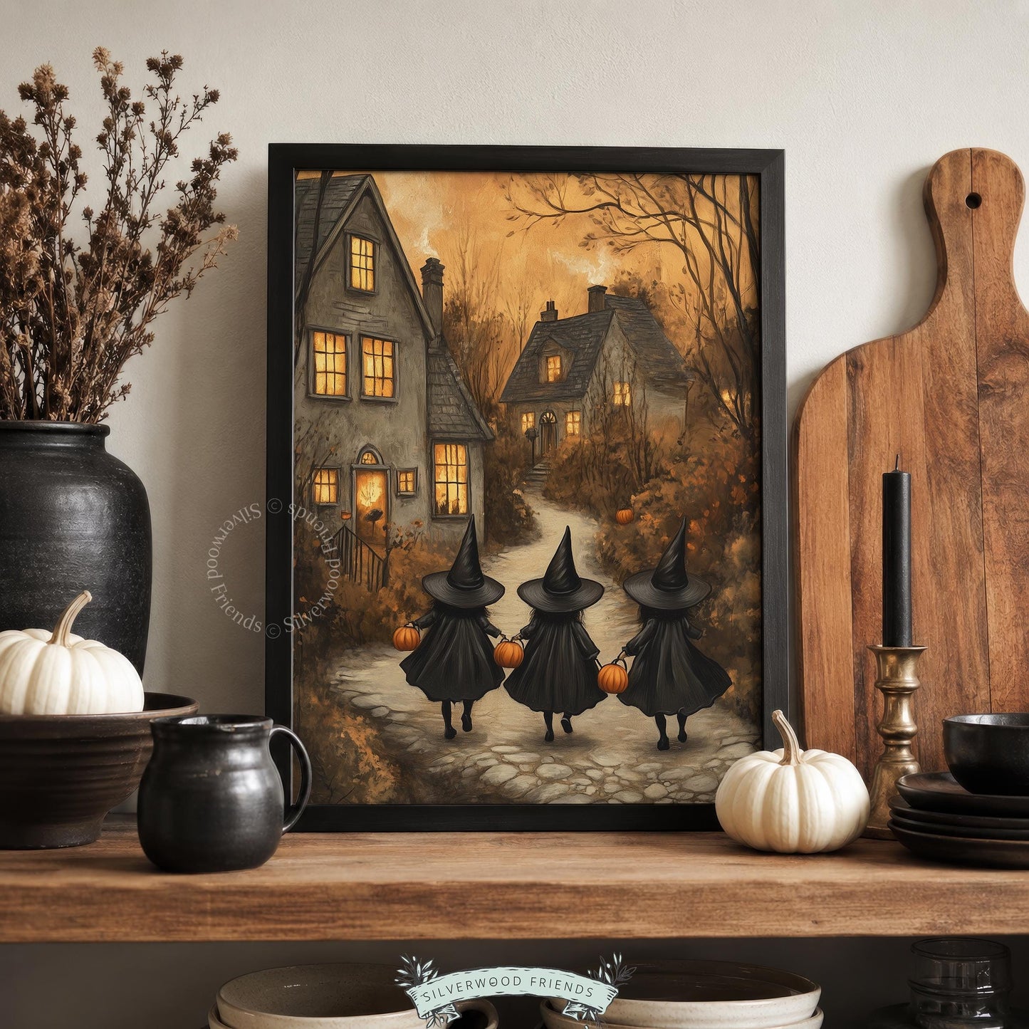 Storybook Halloween picture printable art for hallway — soft brushwork vintage charm with trick-or-treat theme