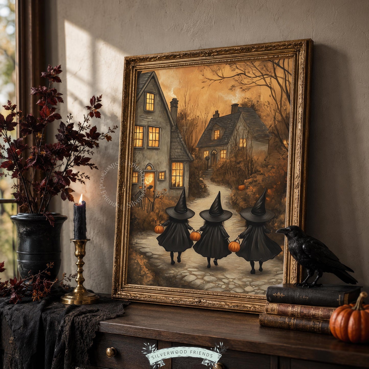 Charming Halloween adventure wall art for kids' nursery — aged painting style featuring warm amber tones and enchanted cottage glow