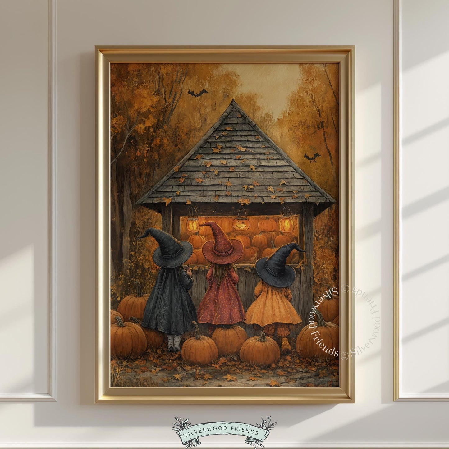 Trio of witches with glowing pumpkins poster for living room — warm burnt orange tones with storybook charm