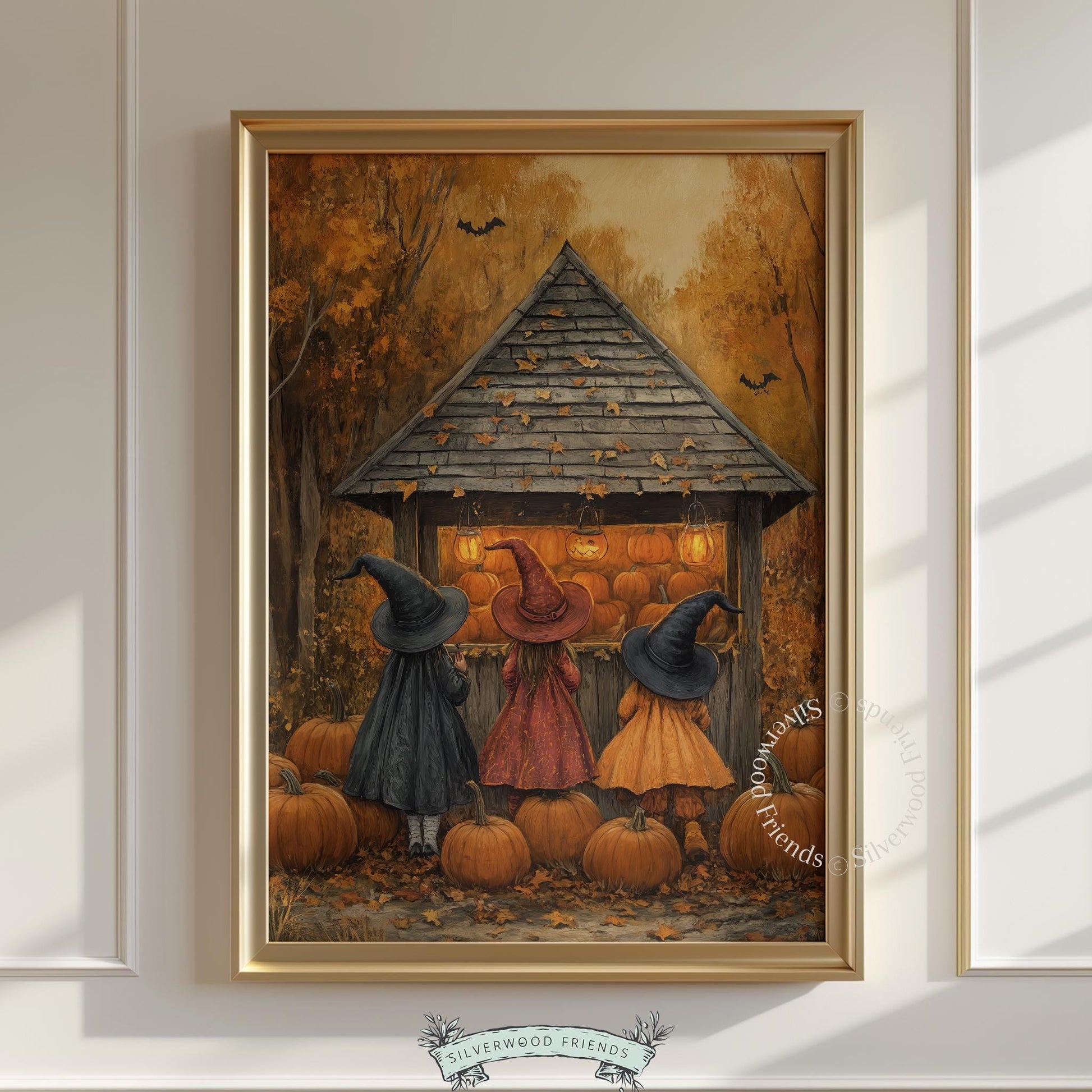 Trio of witches with glowing pumpkins poster for living room — warm burnt orange tones with storybook charm