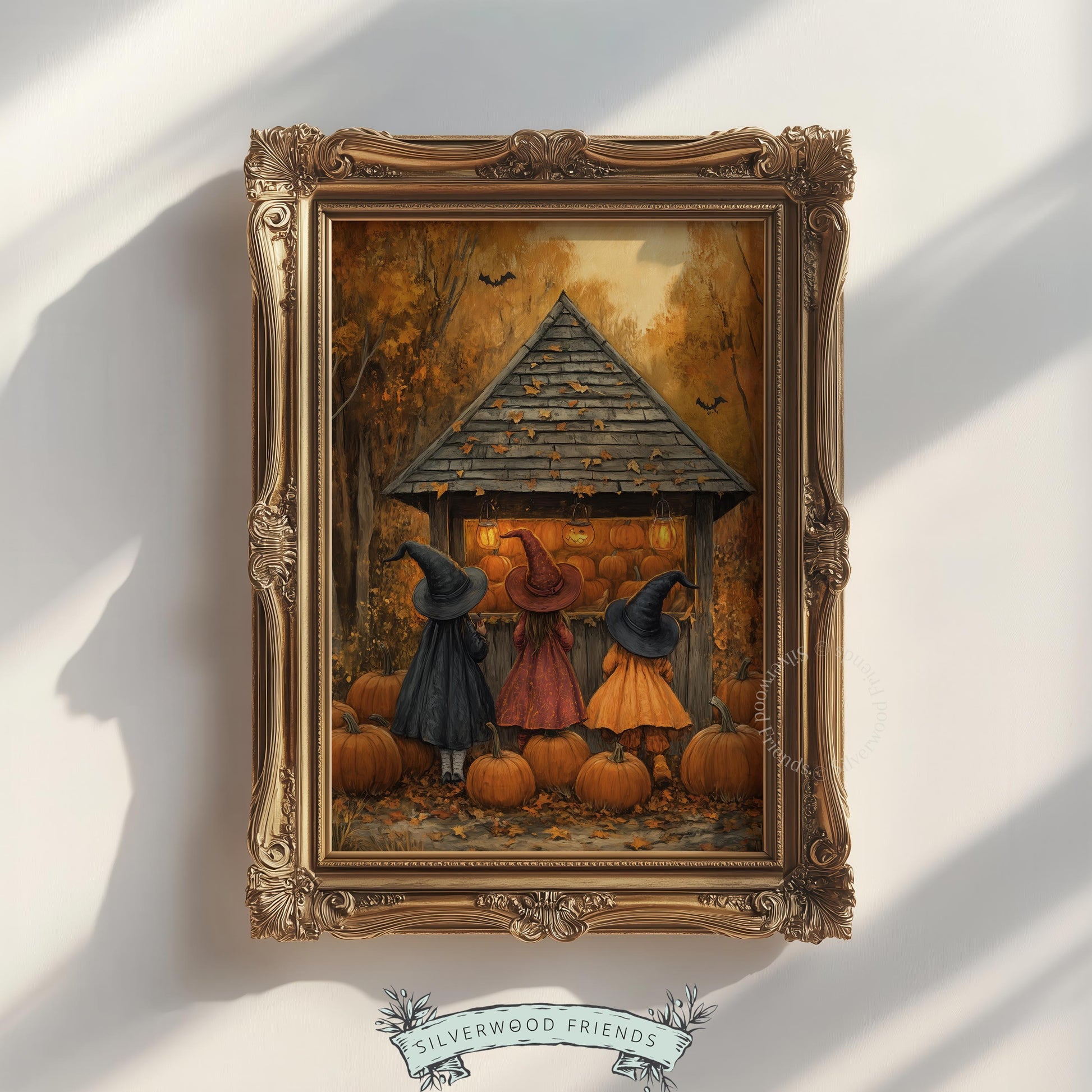 Pumpkin stand gathering scene print for seasonal cottage decor — cute spooky witches in pointed hats illustration