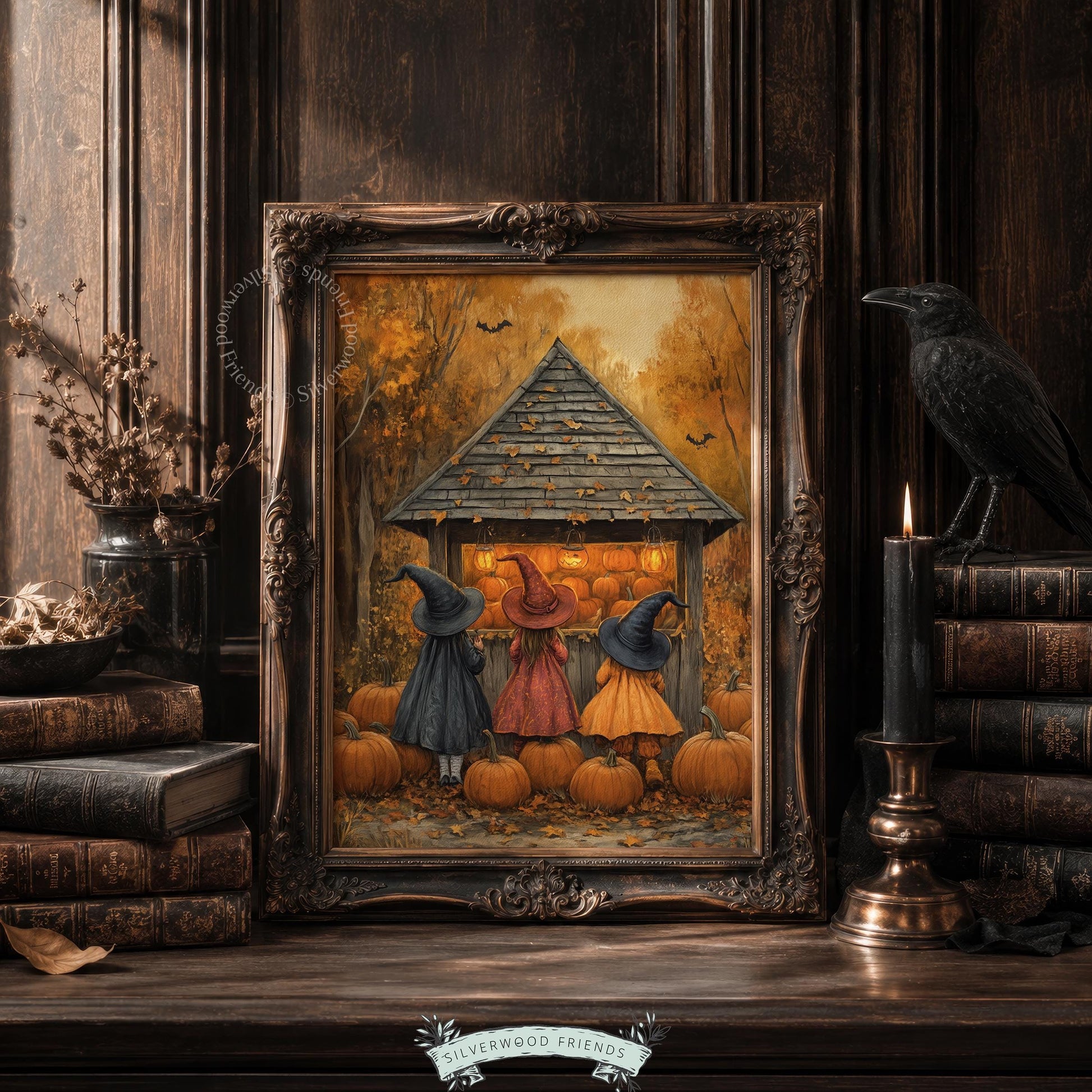 Autumn harvest witches poster printable art for living spaces — warm burnt orange tones, rustic cottage Halloween scene