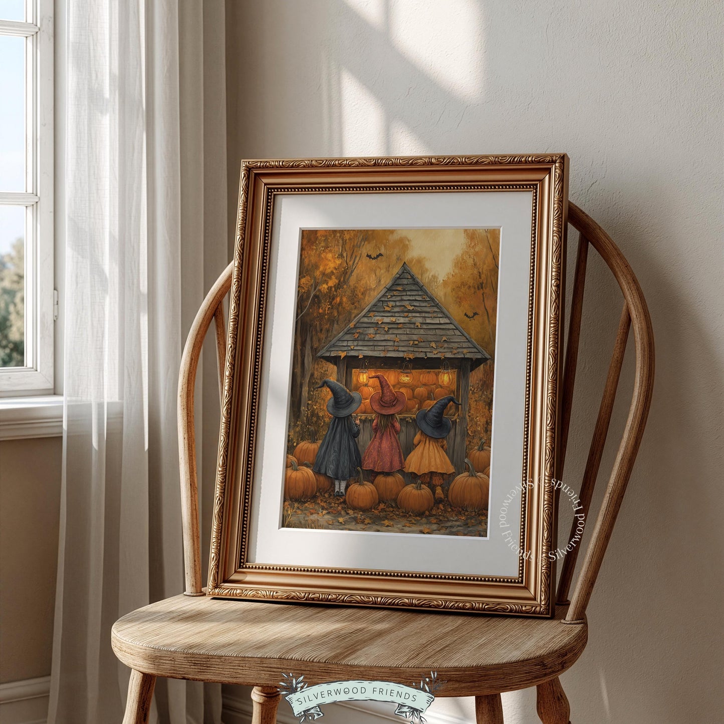Cozy witch gathering painting printable decor for entryway — soft aged texture with amber fall color palette