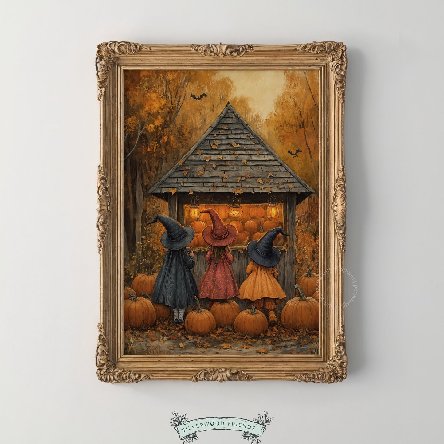 Three figures in pointed hats digital artwork for Halloween decor — vintage warm palette with textured brushwork