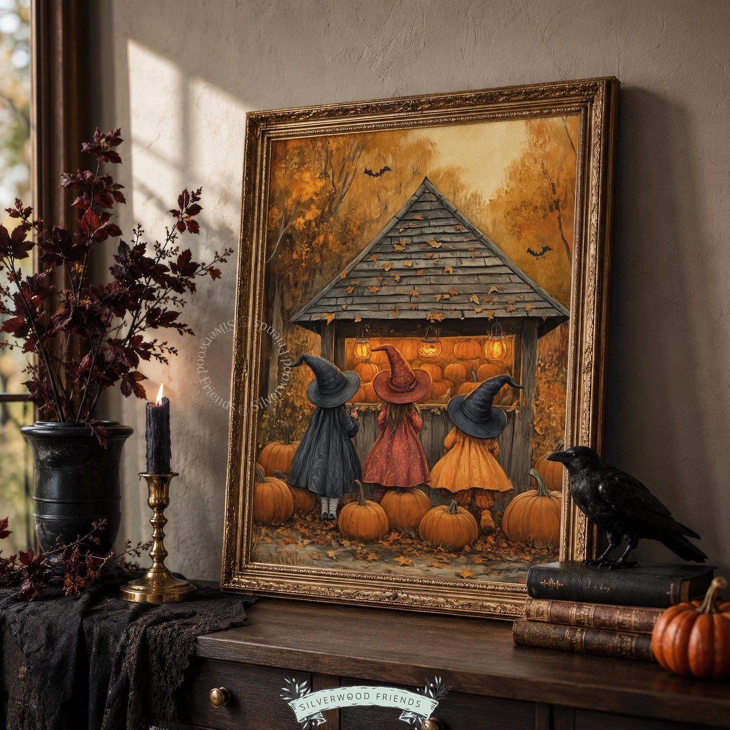 Witchy autumn harvest painting printable art for entryway — cute spooky scene with rustic wooden stand