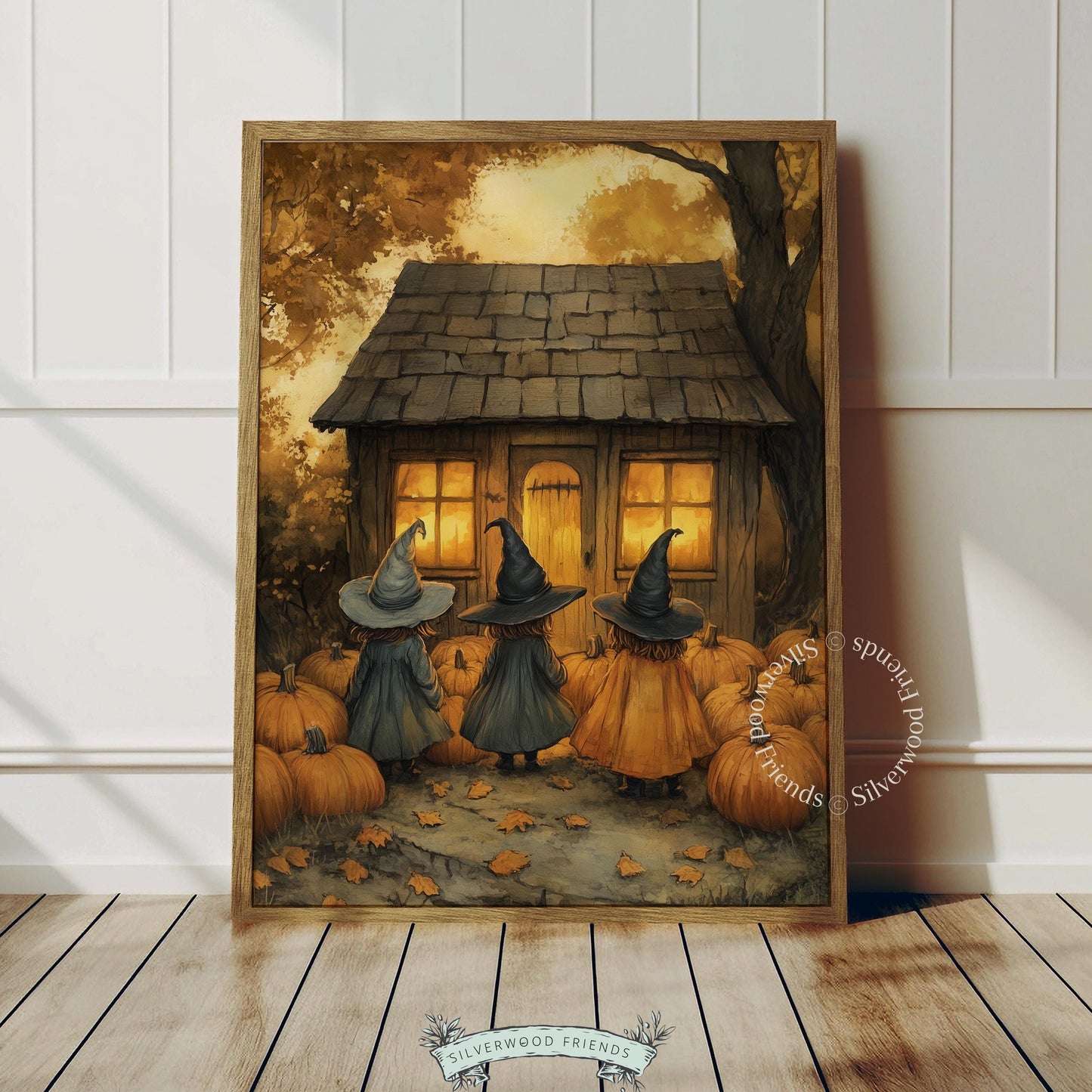 Atmospheric fall poster featuring magical cottage scene — cloaked figures with vintage watercolor brushwork and warmth