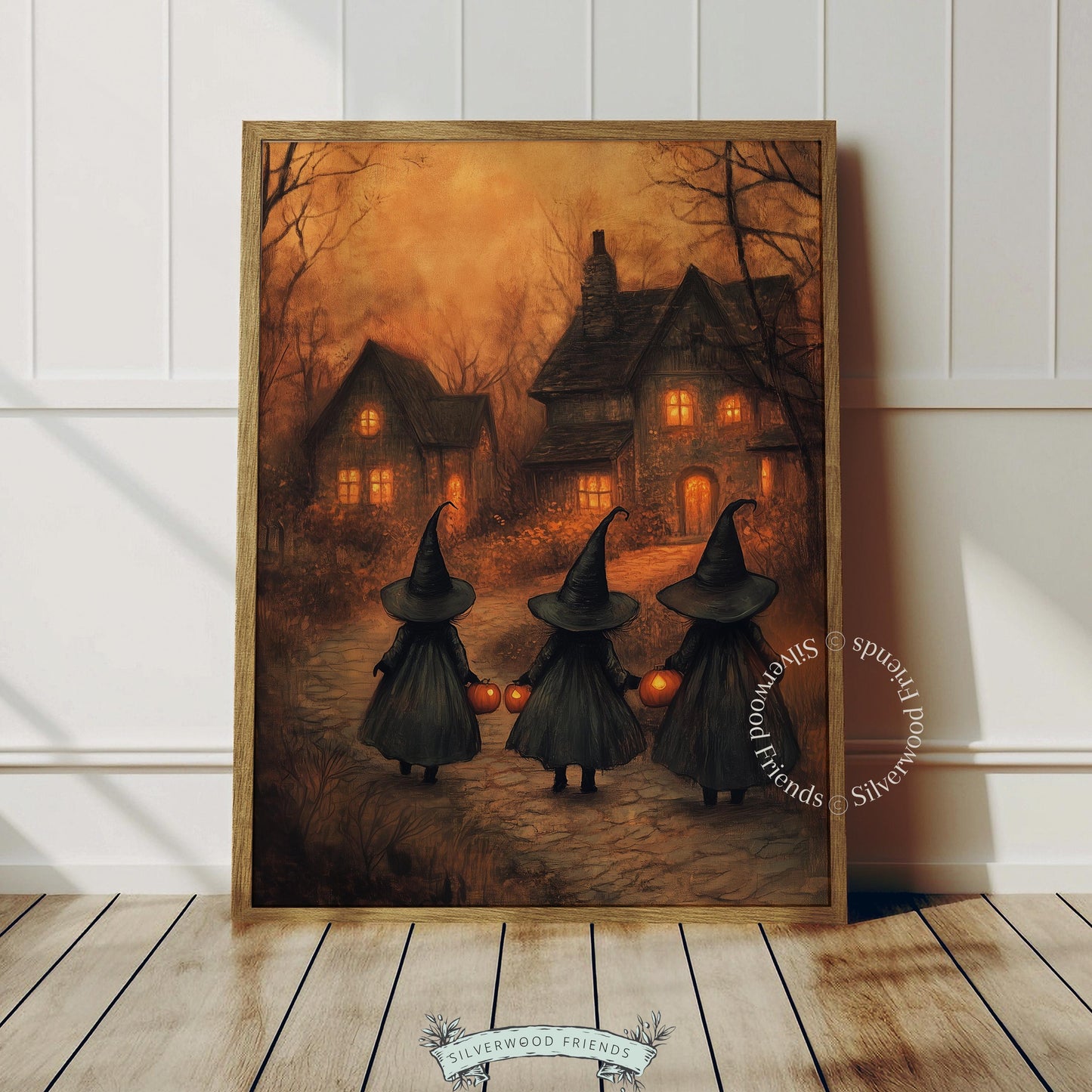 Dusk pathway cottage scene printable art for hallway — spooky fall wall decor with three cloaked figures and glowing windows