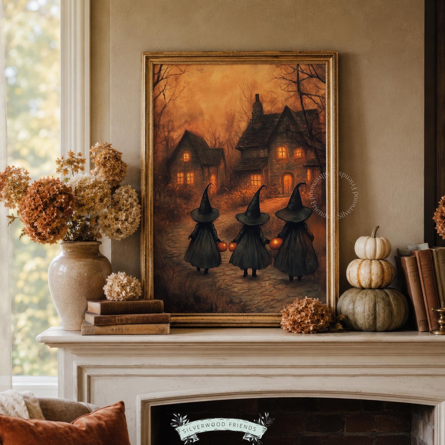 Pointed hat figures pumpkin wall print for family room — moody vintage Halloween decor with warm amber sky and cottage charm