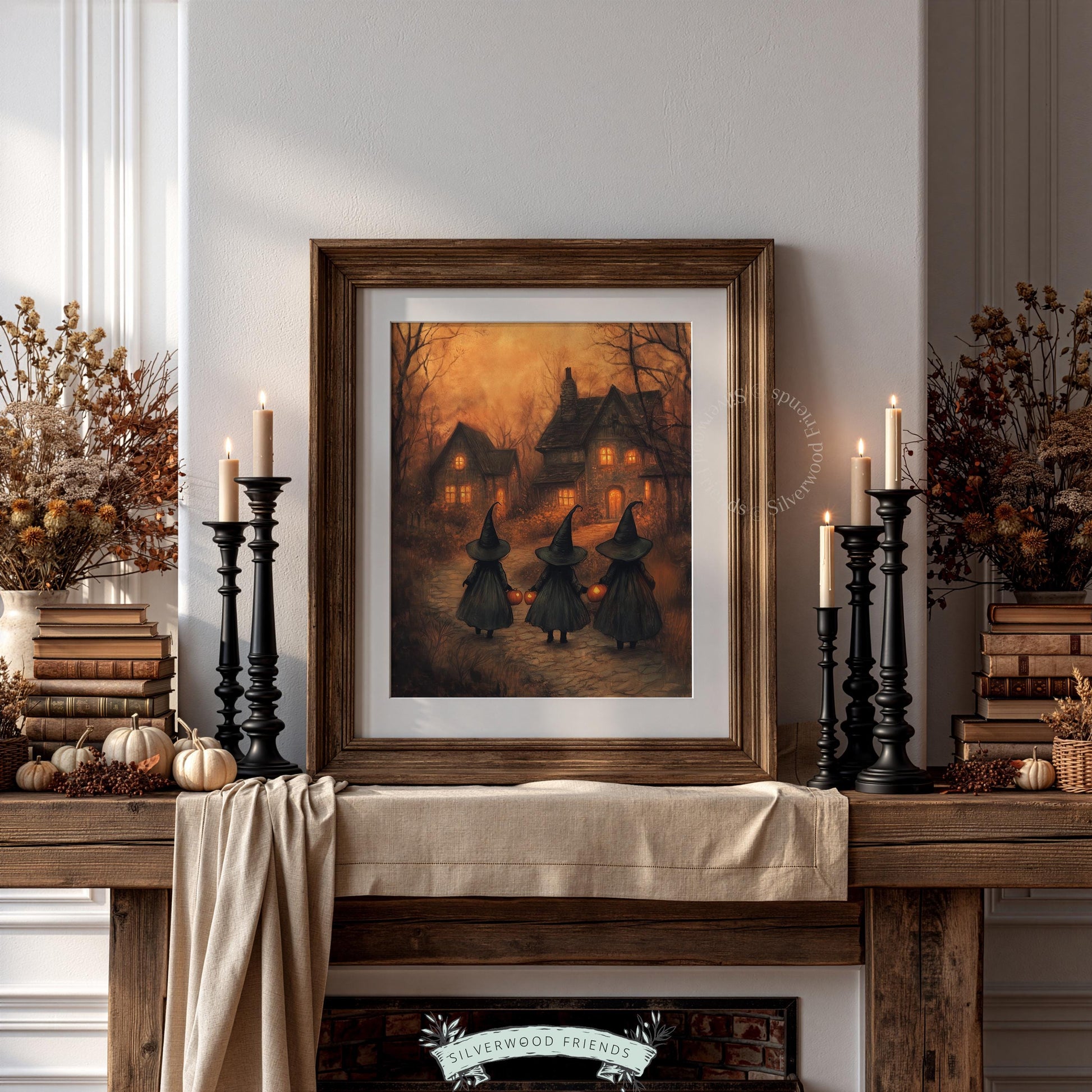 Cloaked figures jack-o-lantern digital art for stairwell — moody wall decor featuring bare branches and softly glowing cottage