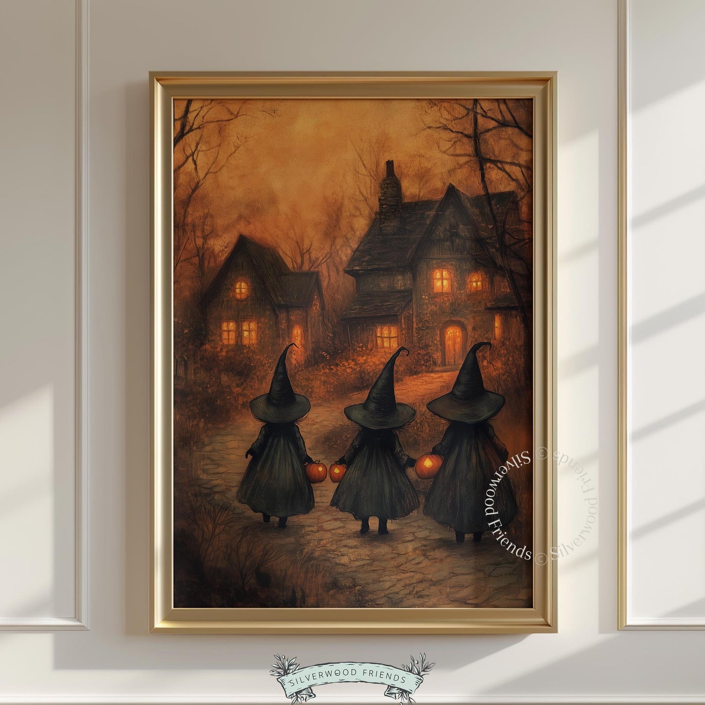 Witches carrying pumpkins poster for hallway — dark cozy autumn artwork with warm burnt orange tones and bare trees