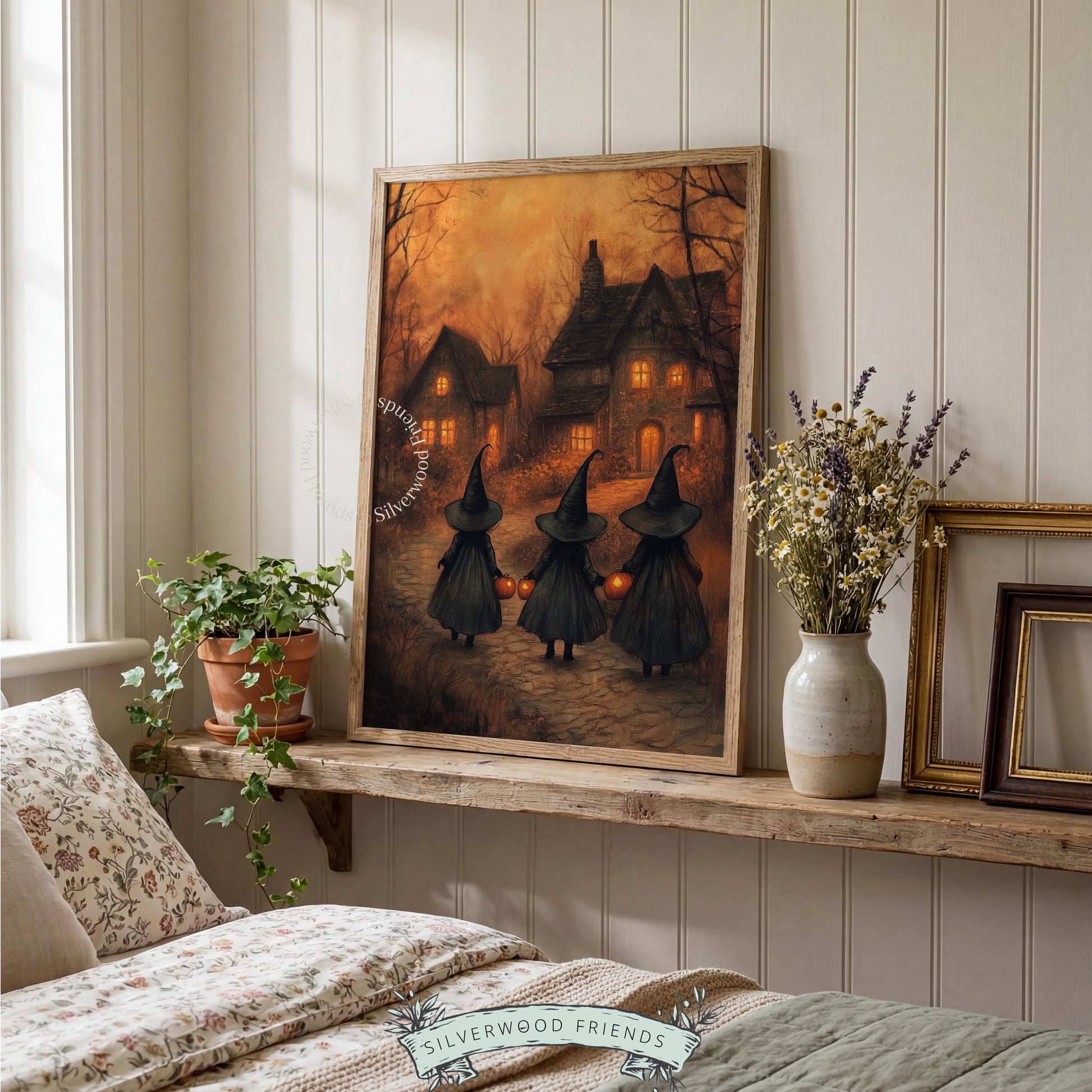 Dusk witches procession print for den — cozy Halloween decor with warm golden tones and spooky season aesthetic