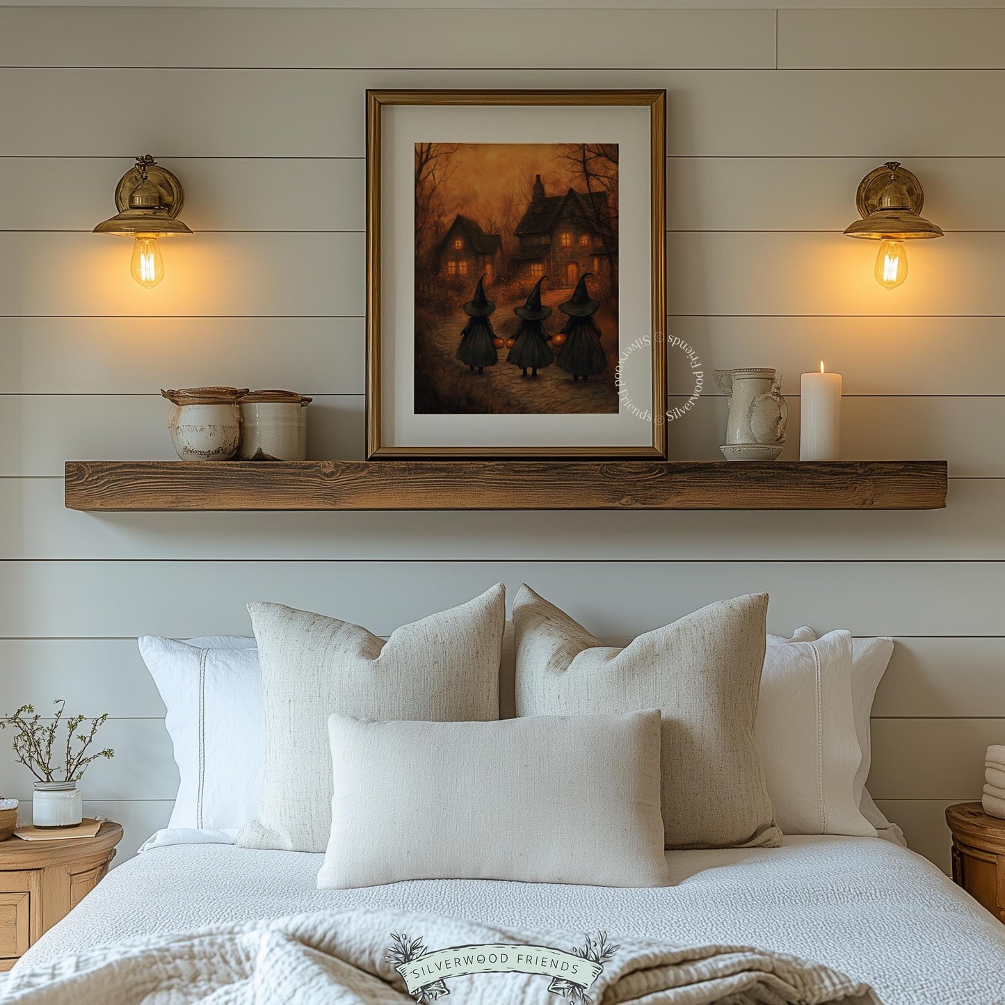Glowing lanterns witches painting for foyer — spooky season wall art with rustic cottage aesthetic and moody burnt orange hues
