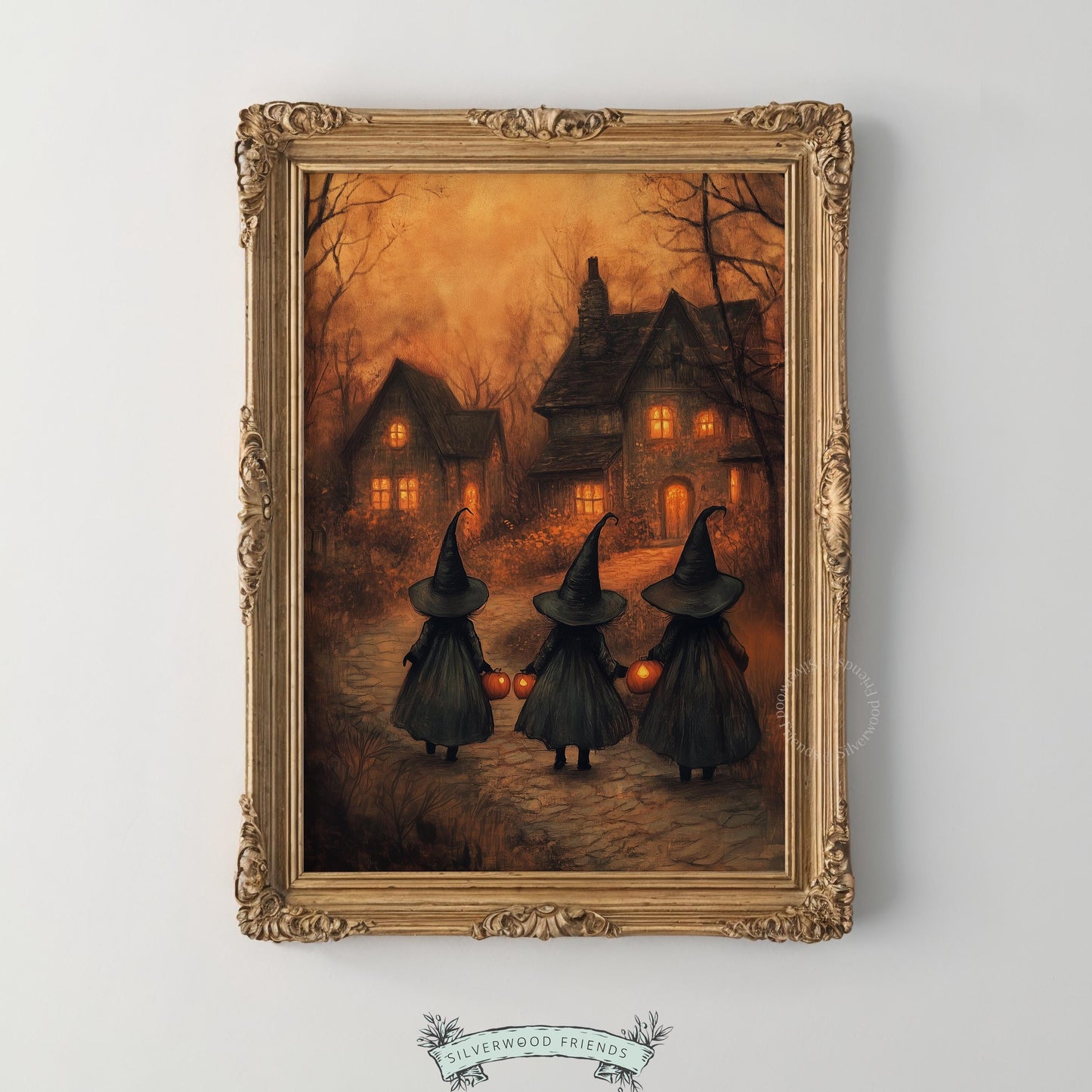 Three shadowy witches pumpkin printable for mudroom — moody fall wall art with burnt orange palette and haunting cottage glow