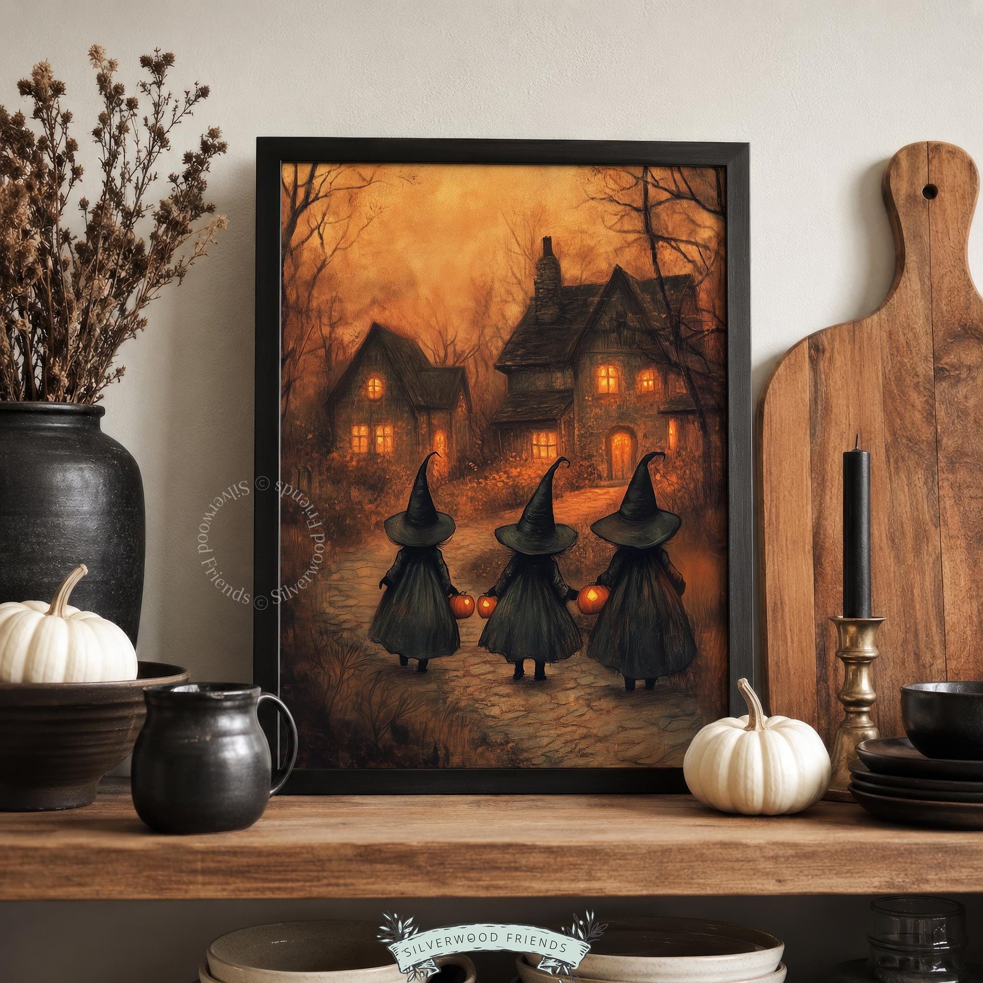 Glowing pumpkin carriers artwork for gallery wall — dark academia poster with rustic cottage mood and painterly style