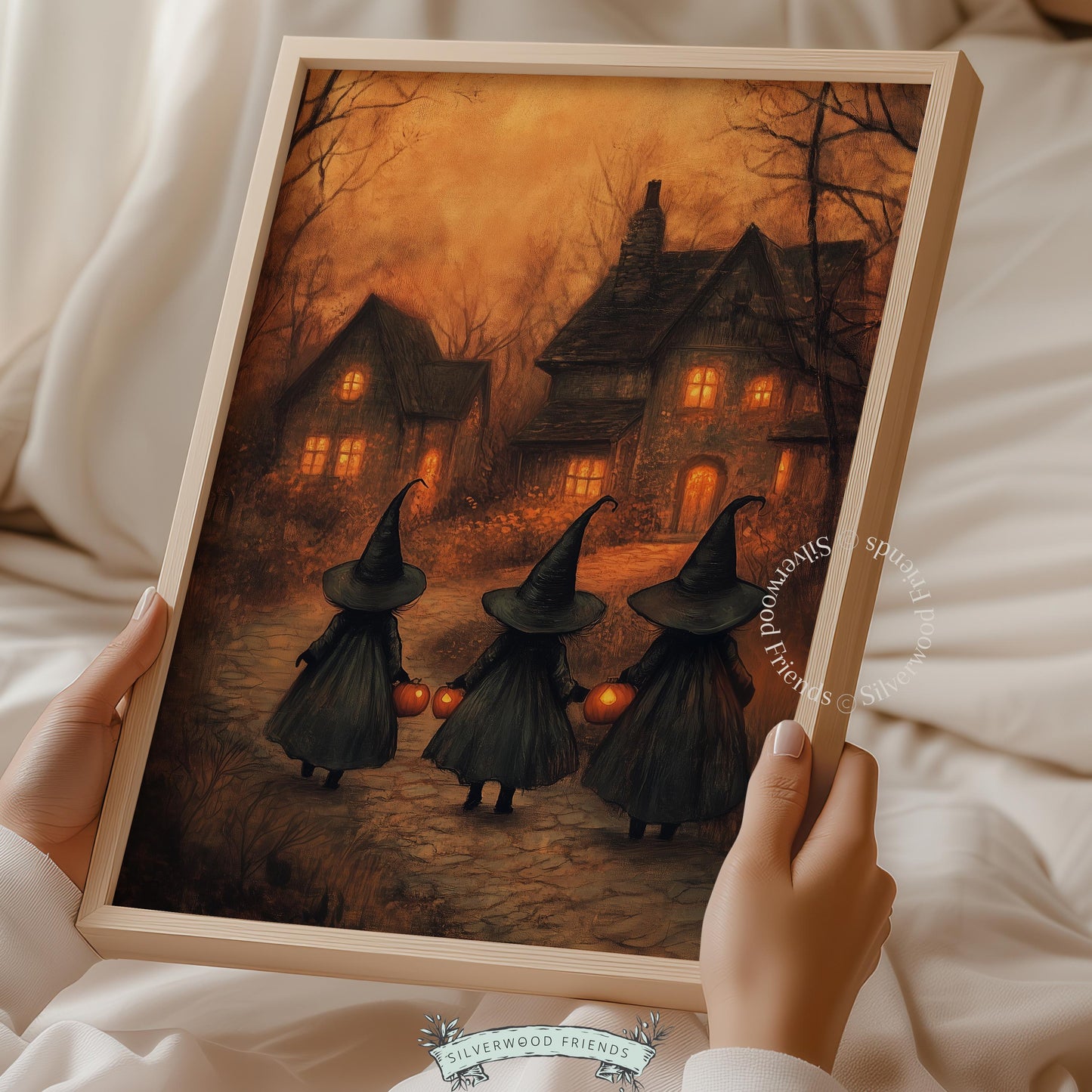 Nighttime witch procession artwork for living room — dark cozy printable featuring pumpkins, bare landscape, and old-world glow