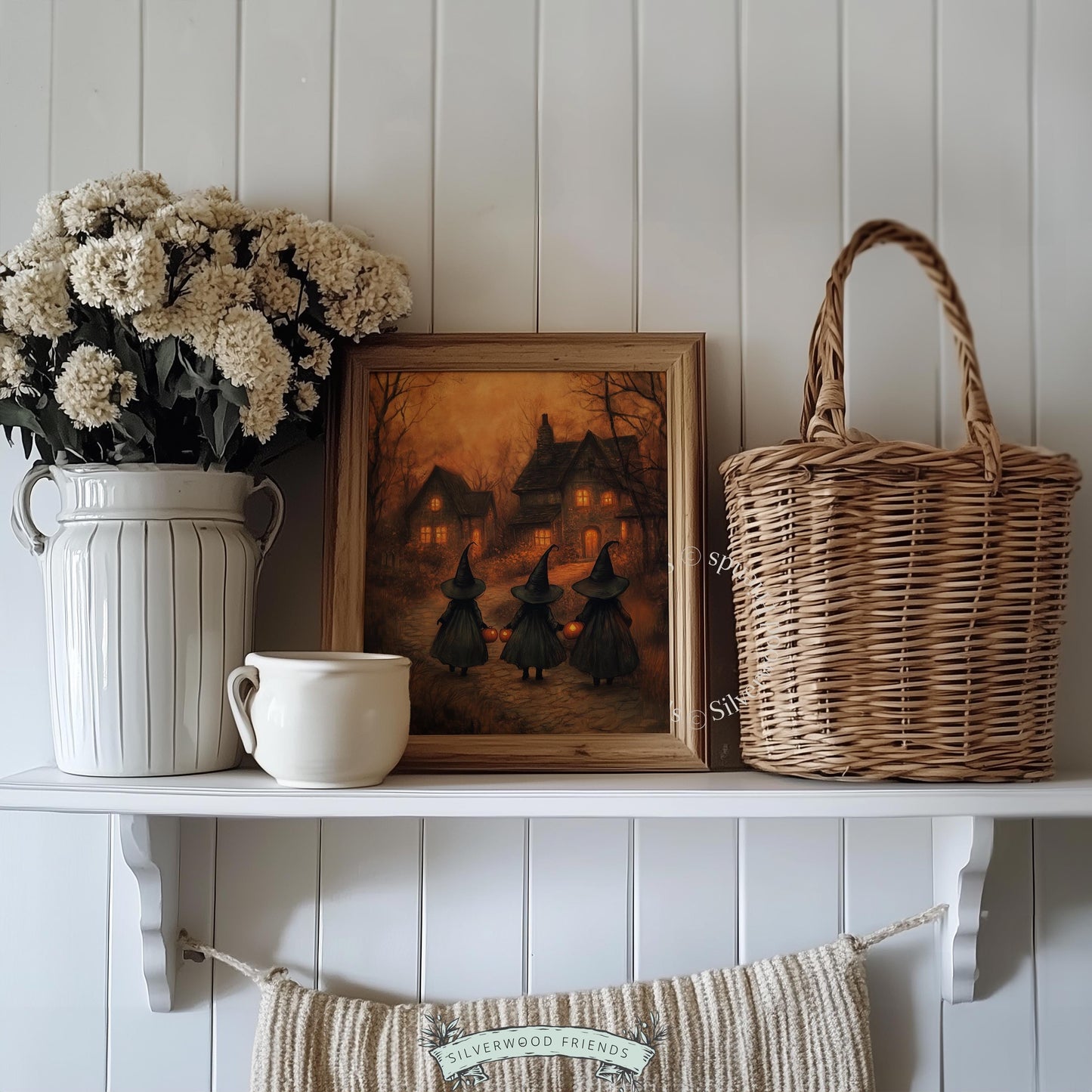 Halloween night procession art print for guest room — vintage spooky decor with warm lighting, bare trees, and painterly charm