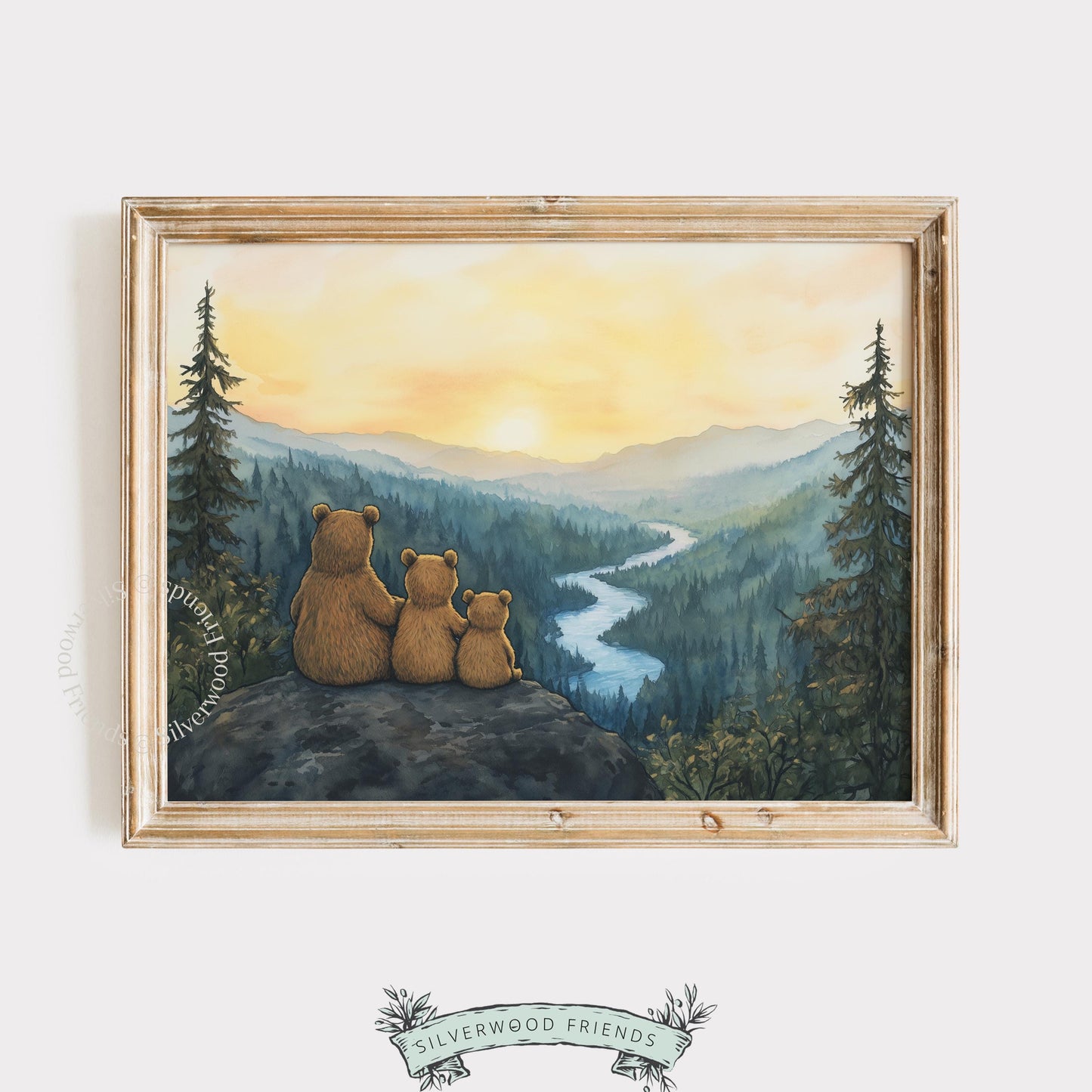 Baby bear family picture for nursery wall — peaceful forest overlook with warm golden sky