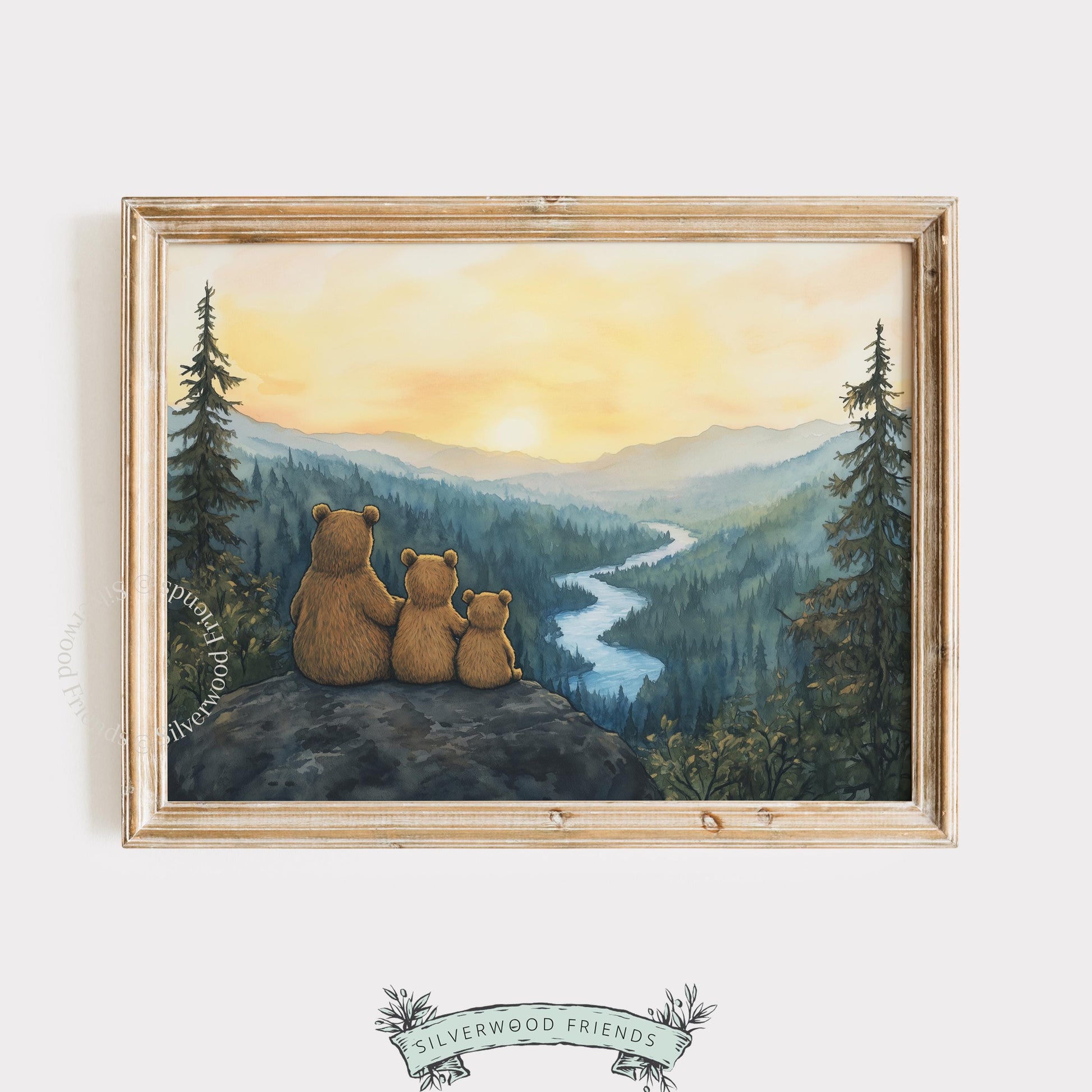 Baby bear family picture for nursery wall — peaceful forest overlook with warm golden sky