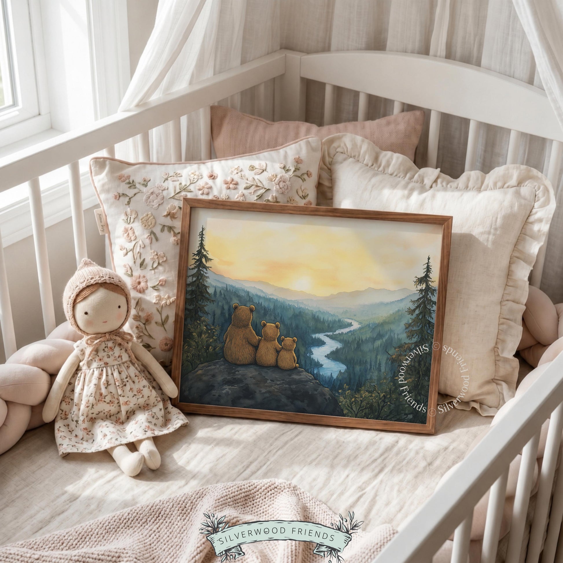 Cute bear cubs poster for children's room — soft watercolor valley and river at sunset