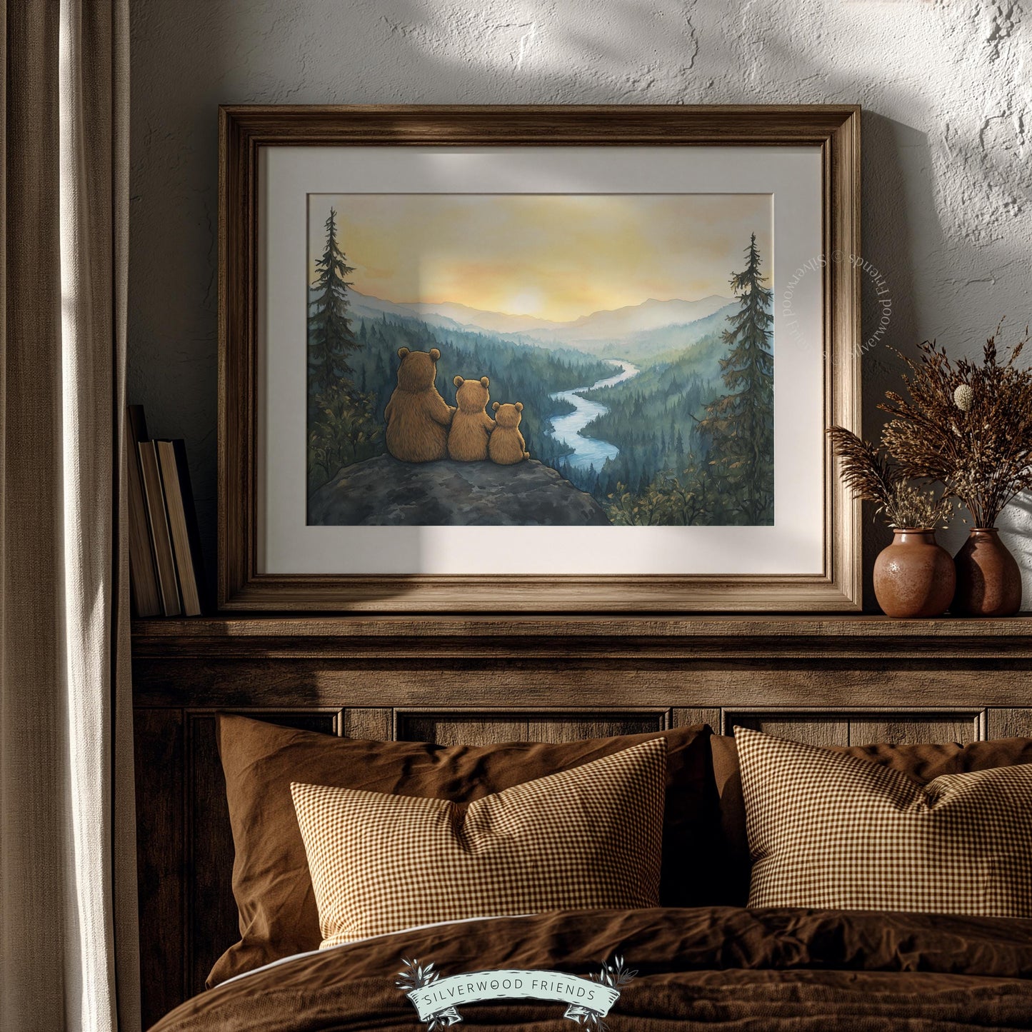 Gentle nature picture for child's bedroom — three bears with mountain valley sunset view
