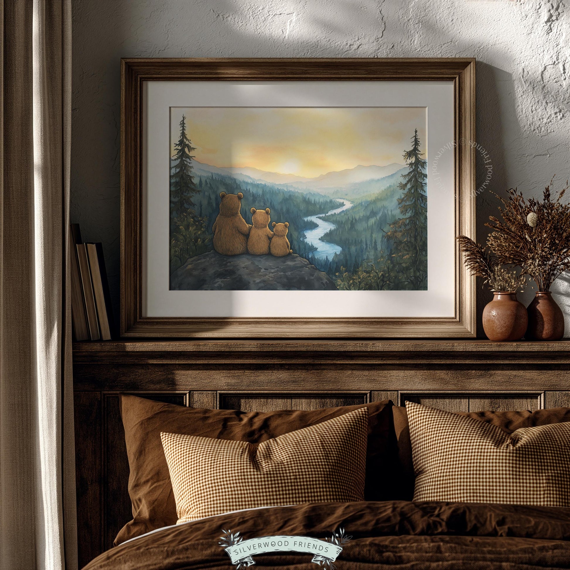 Gentle nature picture for child's bedroom — three bears with mountain valley sunset view
