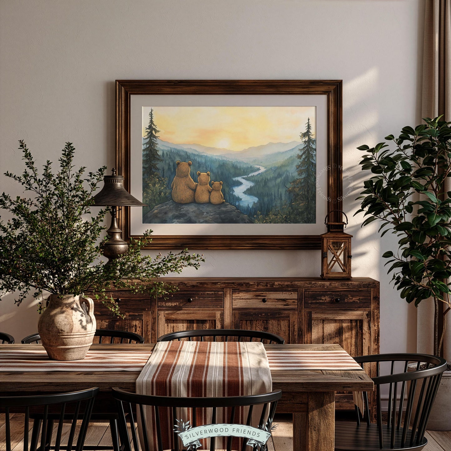 Forest animal picture for nursery — mama bear with cubs overlooking misty peaks at golden hour