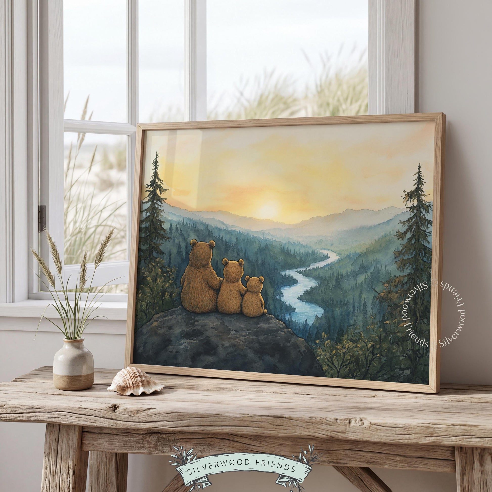 Nature-inspired printable art featuring bears — family bonding scene with sweeping landscape