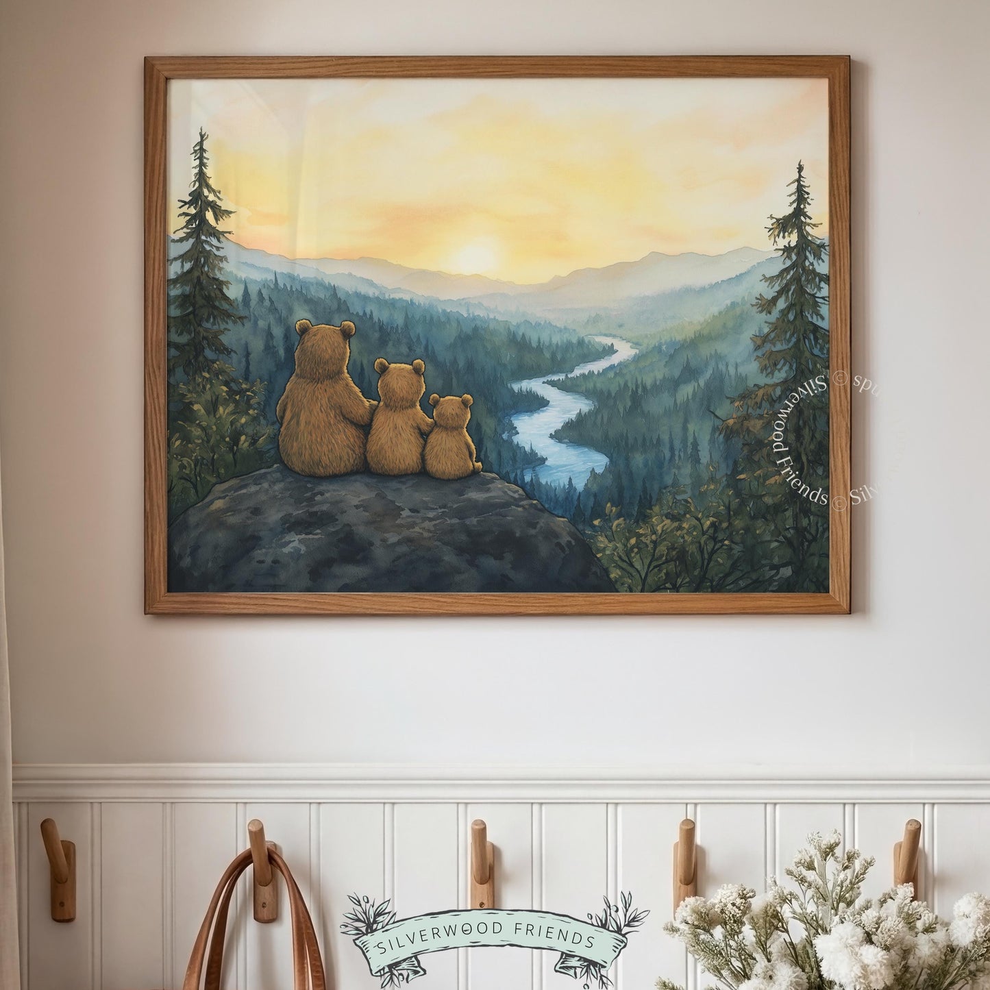 Bear siblings digital print for nursery decor — misty mountains and winding river landscape