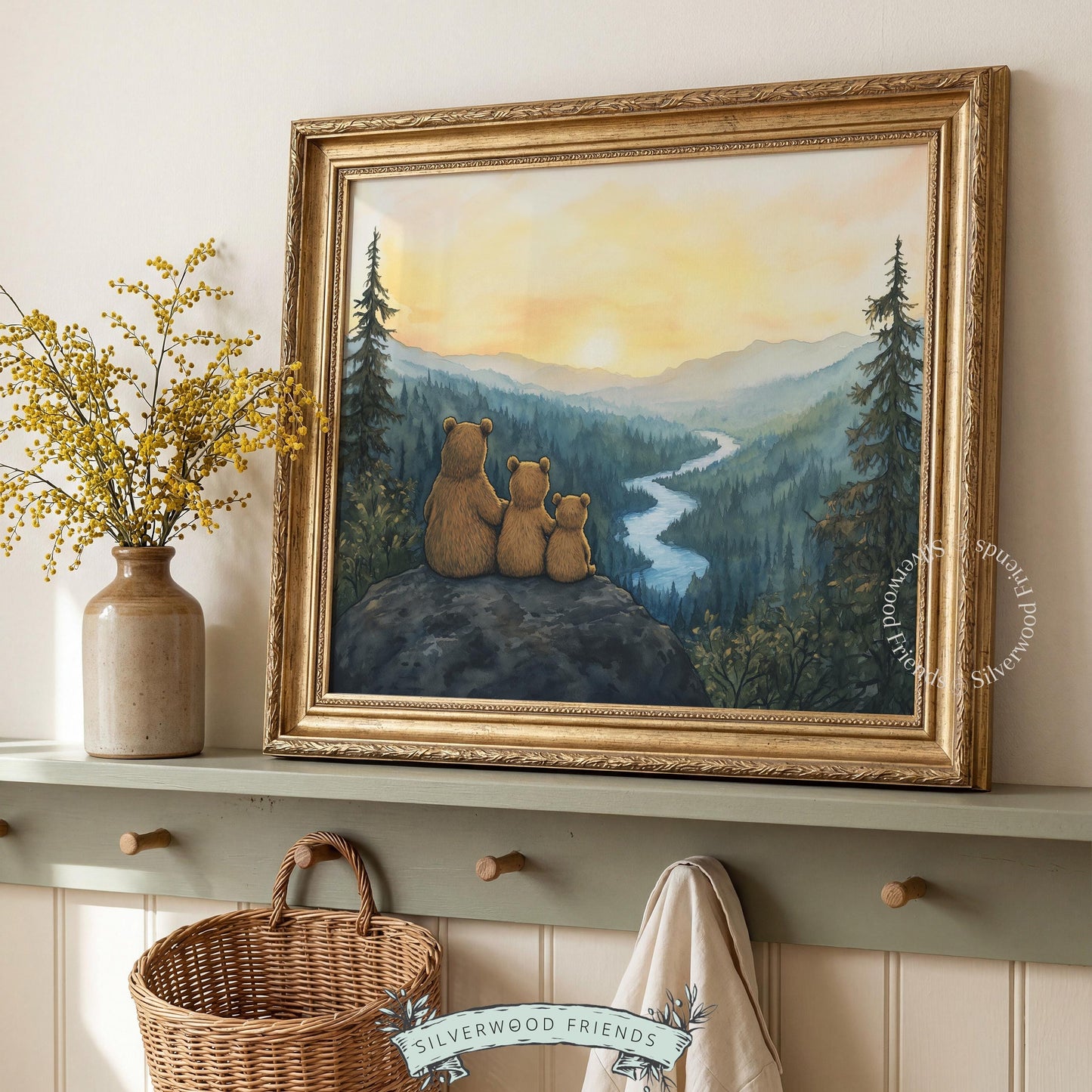 Peaceful bear cubs poster for nursery — golden sunset over misty woodland mountains