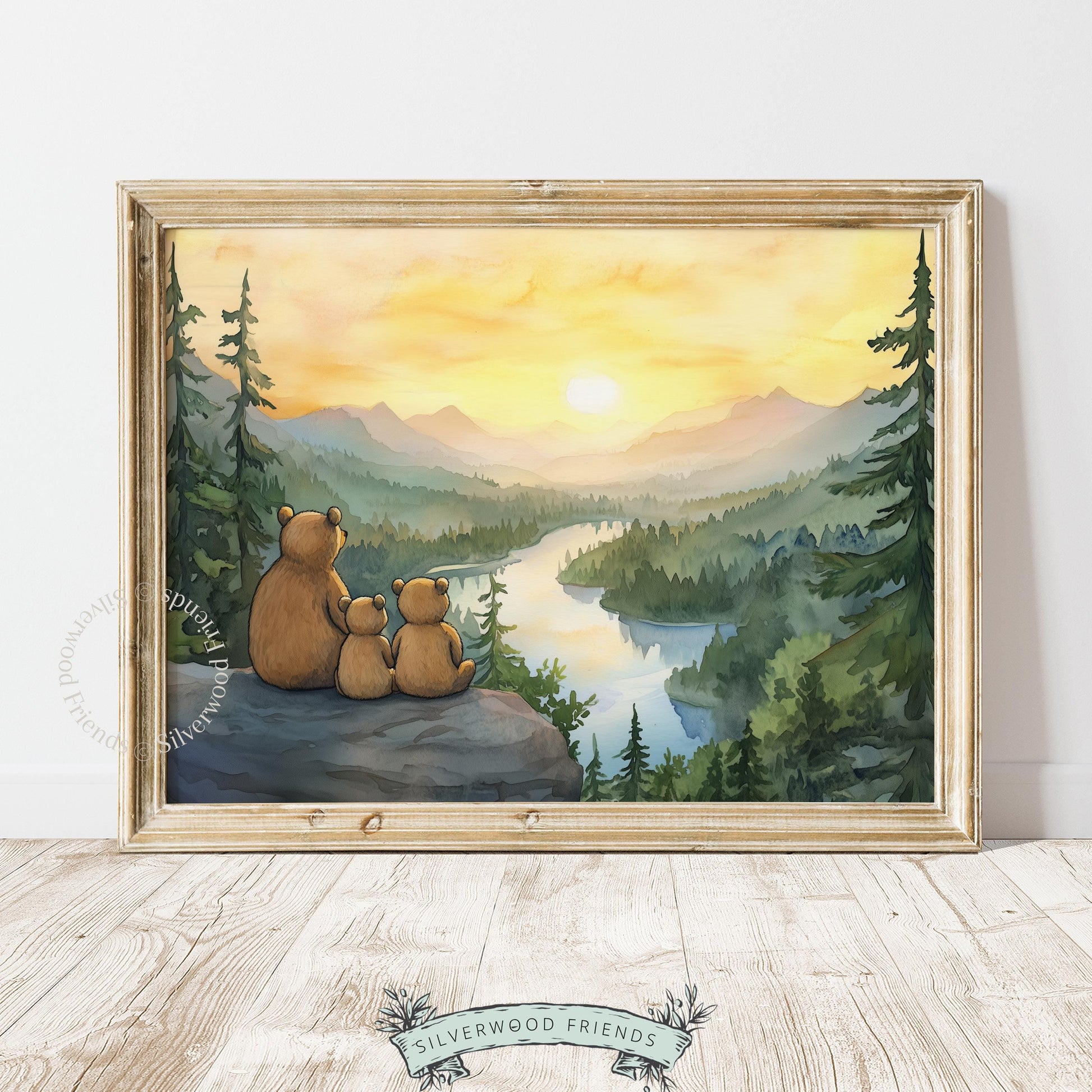Baby bear nursery printable art — tender family moment on rocky outcrop with winding river and distant peaks