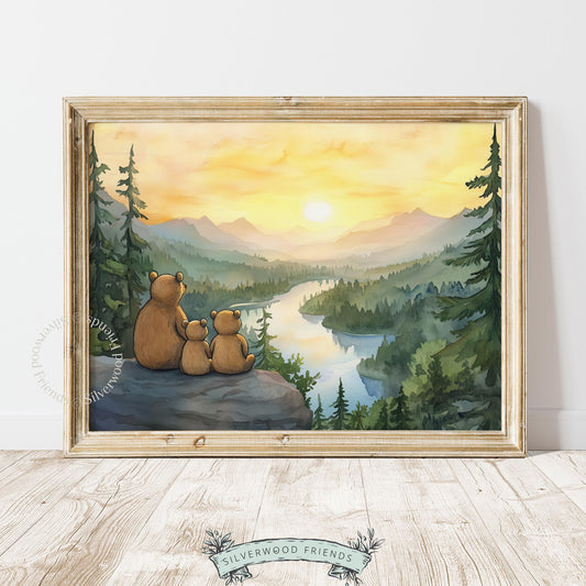 Baby bear nursery printable art — tender family moment on rocky outcrop with winding river and distant peaks