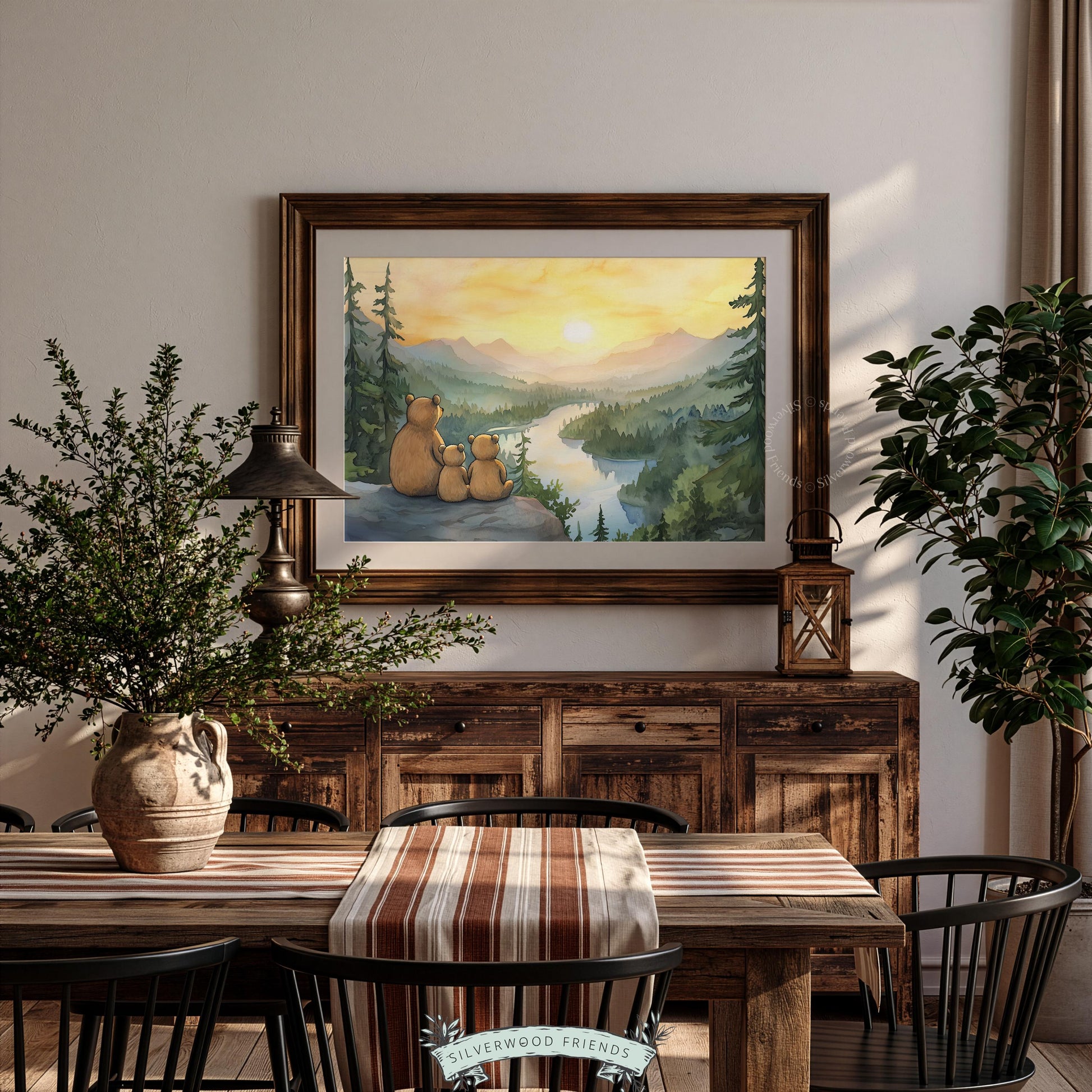 Bear family poster printable art — serene forest landscape with mother bear, baby cubs, and alpine valley
